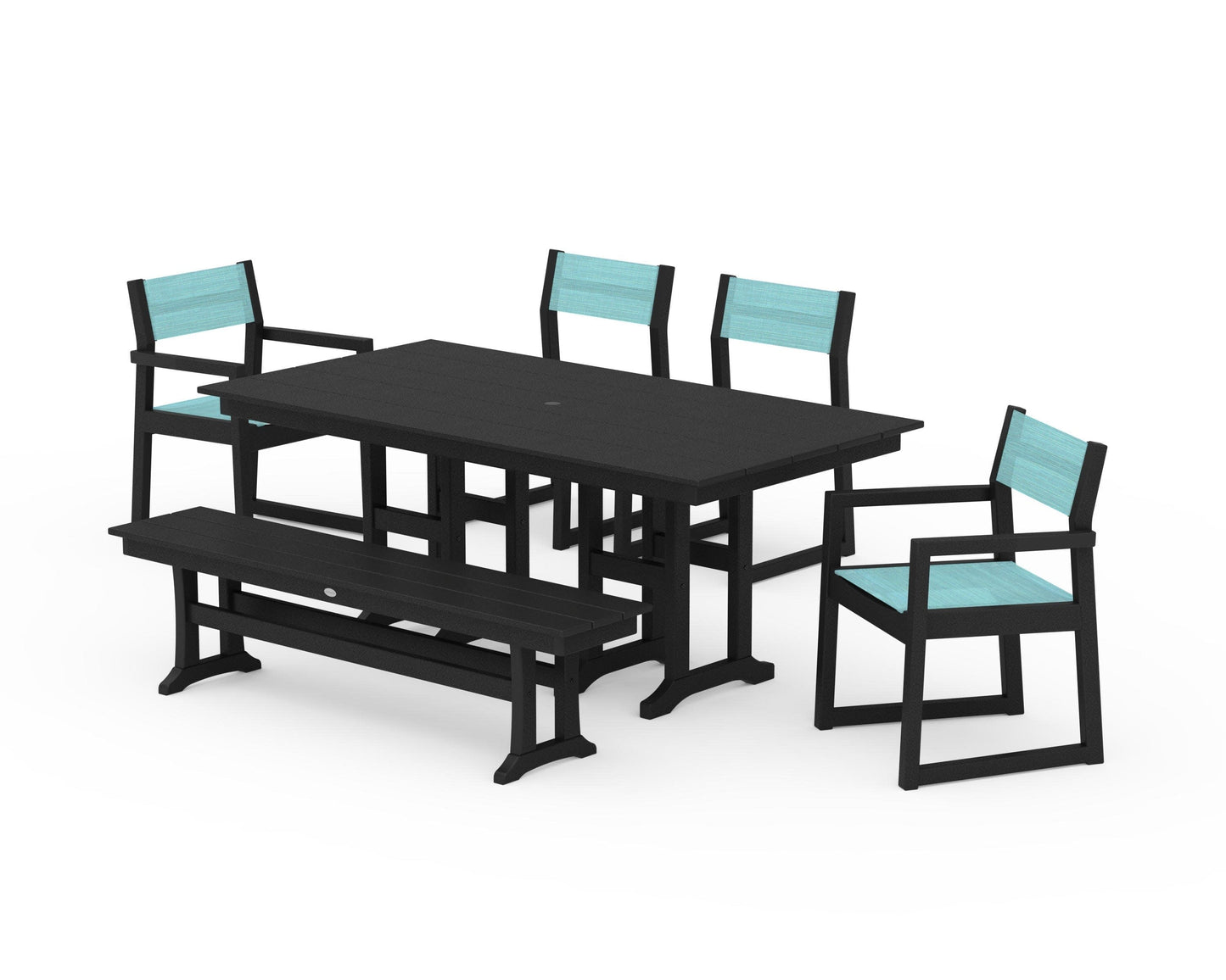 POLYWOOD EDGE Sling 6-Piece Farmhouse Dining Set — Black / Dupioni Aquamarine Sling