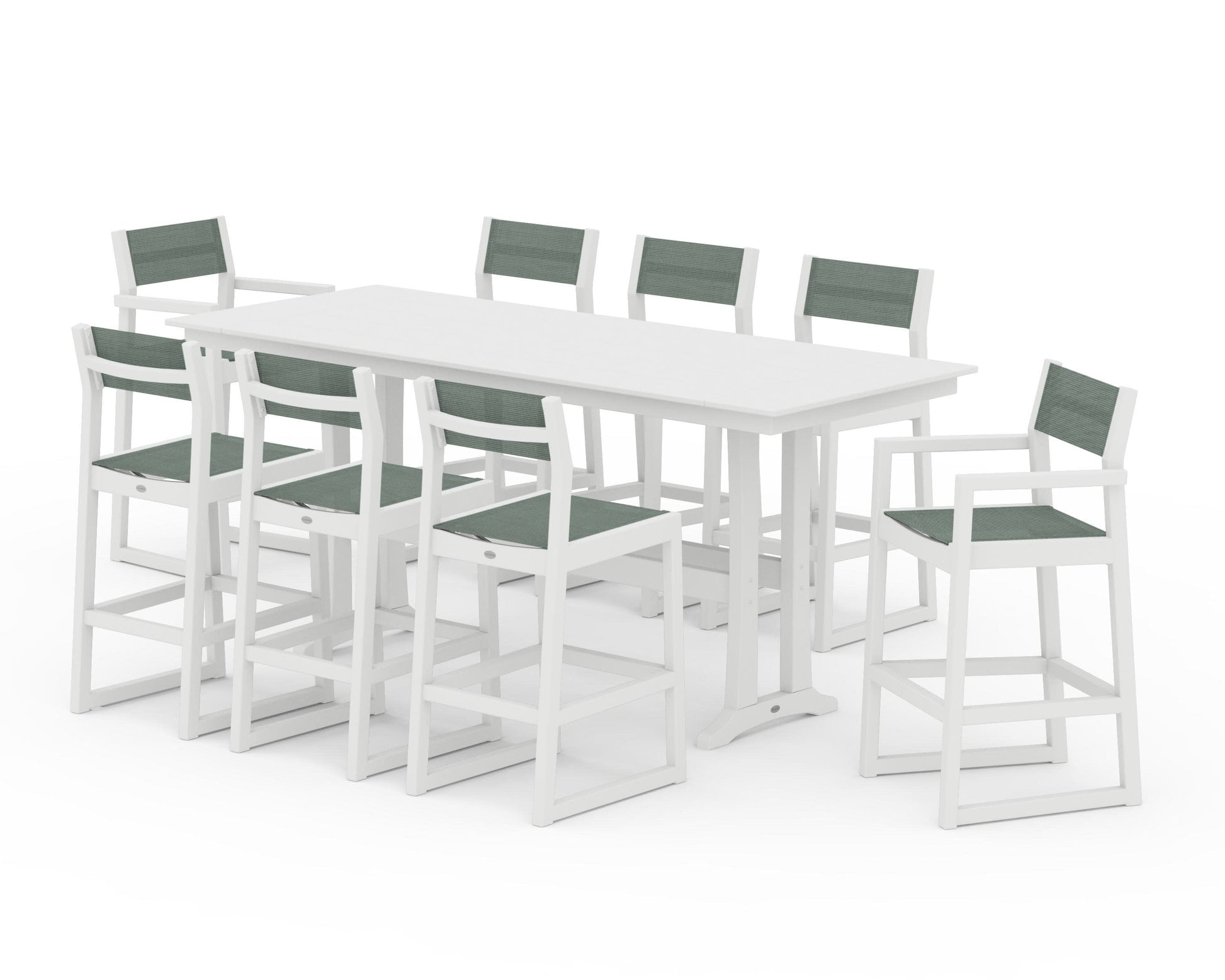 POLYWOOD EDGE Sling 9-Piece Farmhouse Bar Set with Trestle Legs — White / Dupioni Sea Mist Sling