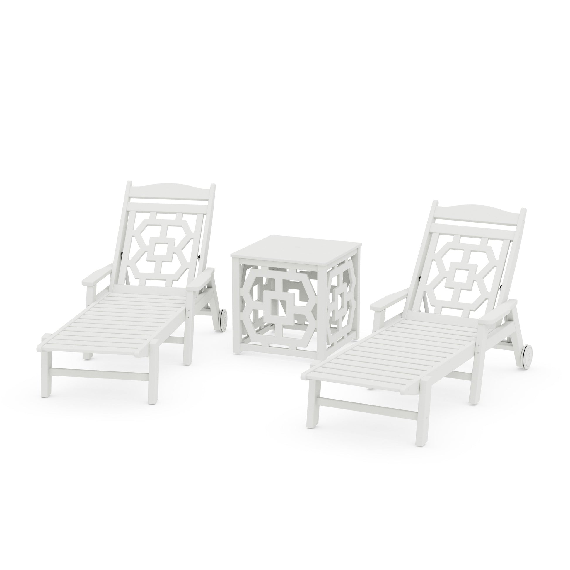 POLYWOOD Chinoiserie 3-Piece Chaise Set with Umbrella Stand Accent Table — Vintage White