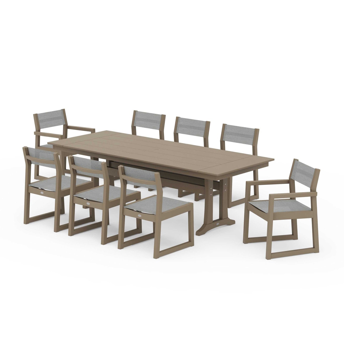 POLYWOOD EDGE Sling 9-Piece Farmhouse Trestle Dining Set — Vintage Sahara / Metallic Sling
