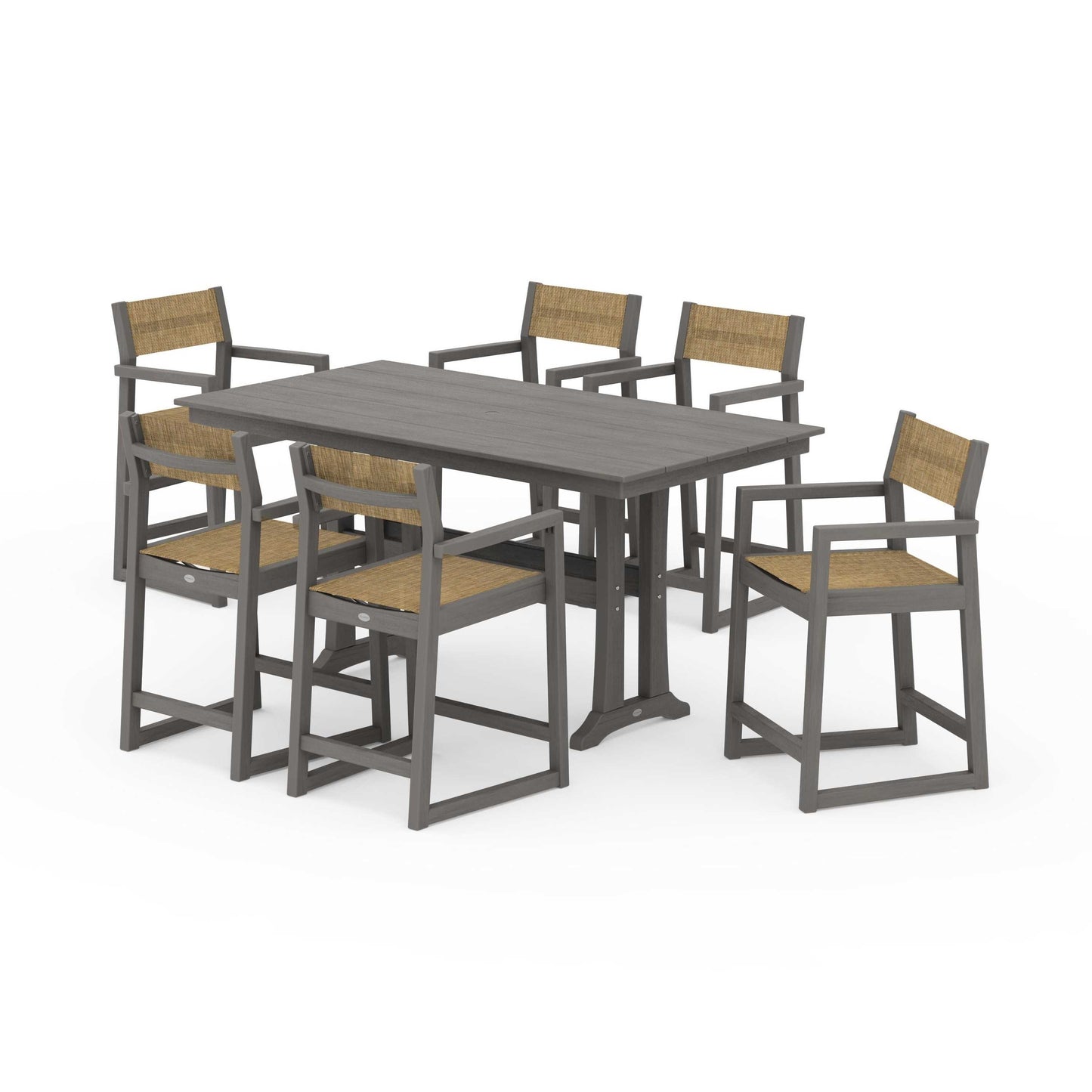 POLYWOOD EDGE Sling Arm Chair 7-Piece Farmhouse Counter Set with Trestle Legs — Driftwood / Burlap Sling