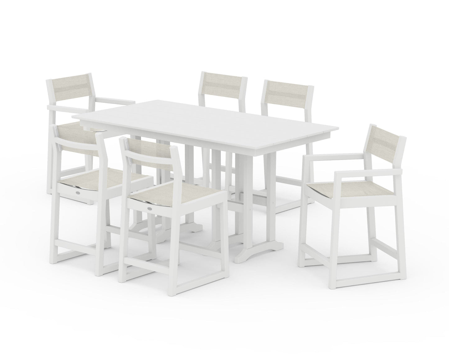 POLYWOOD EDGE Sling 7-Piece Farmhouse Counter Set with Trestle Legs — White / Parchment Sling