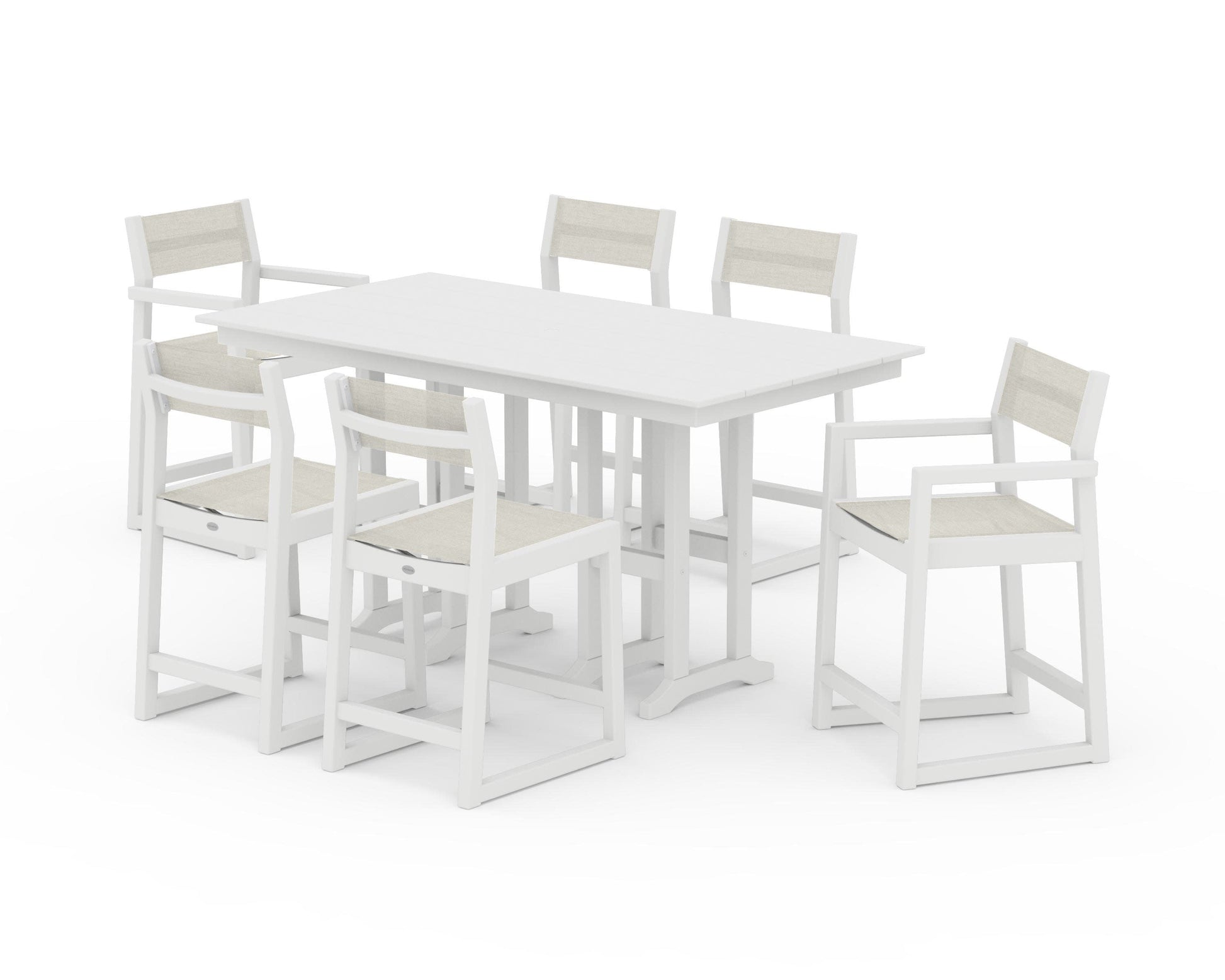 POLYWOOD EDGE Sling 7-Piece Farmhouse Counter Set with Trestle Legs — White / Parchment Sling