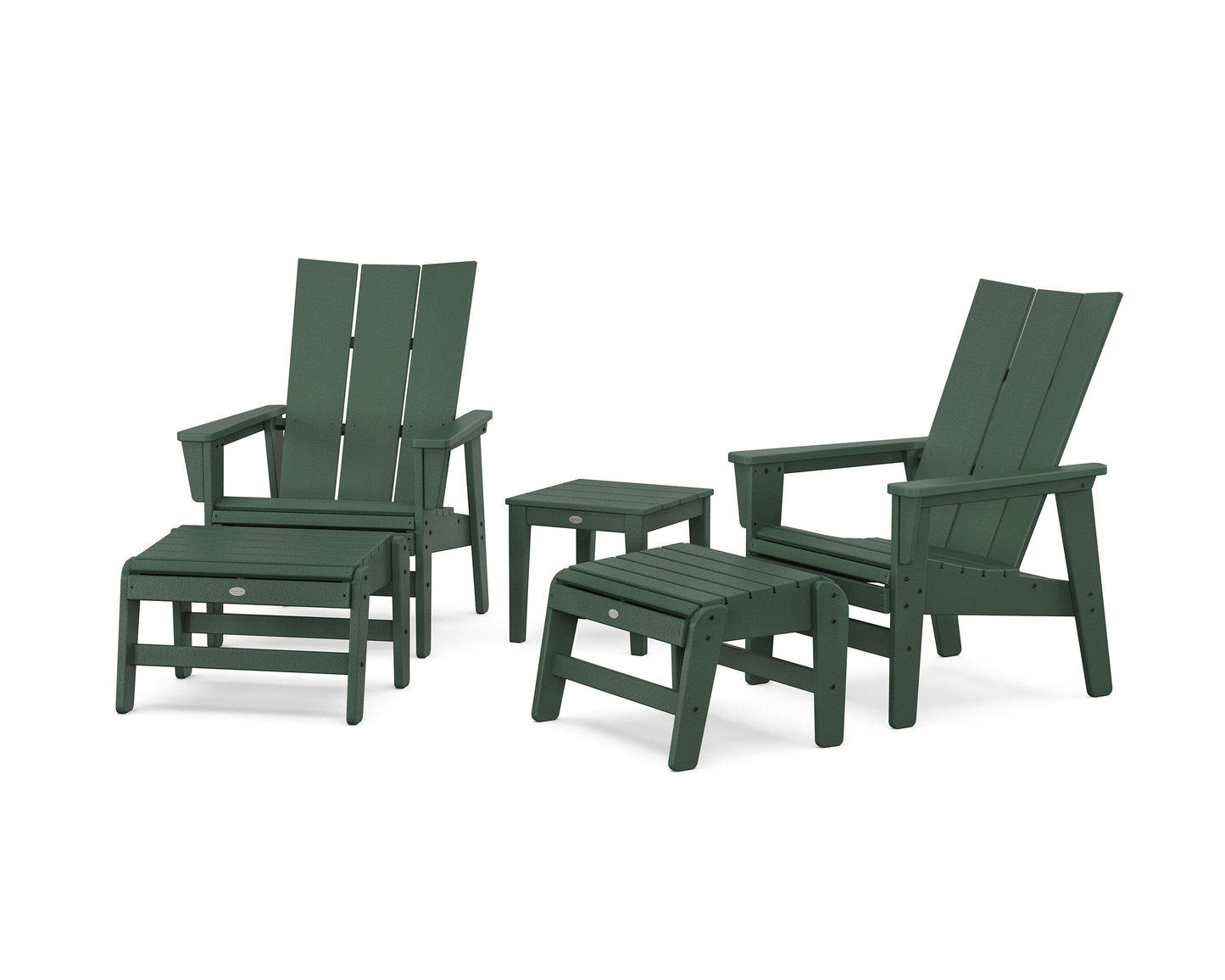 POLYWOOD 5-Piece Modern Grand Upright Adirondack Set with Ottomans and Side Table — Green