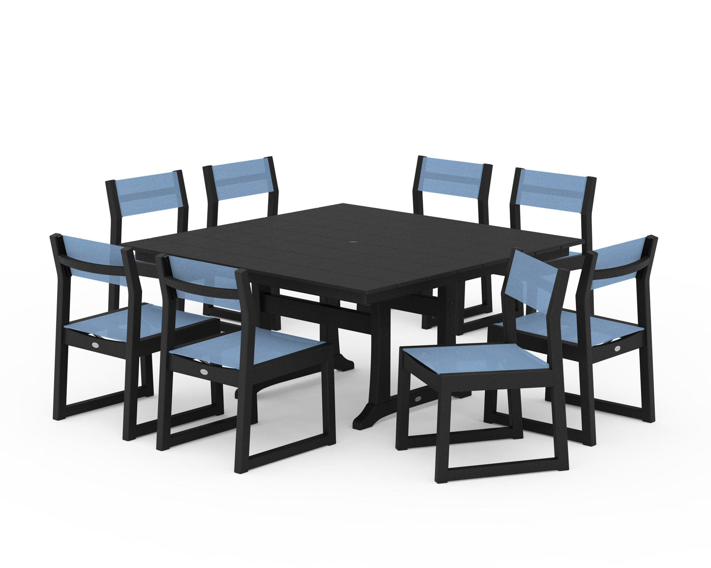 POLYWOOD EDGE Sling Side Chair 9-Piece Farmhouse Trestle Dining Set — Black / Poolside Sling