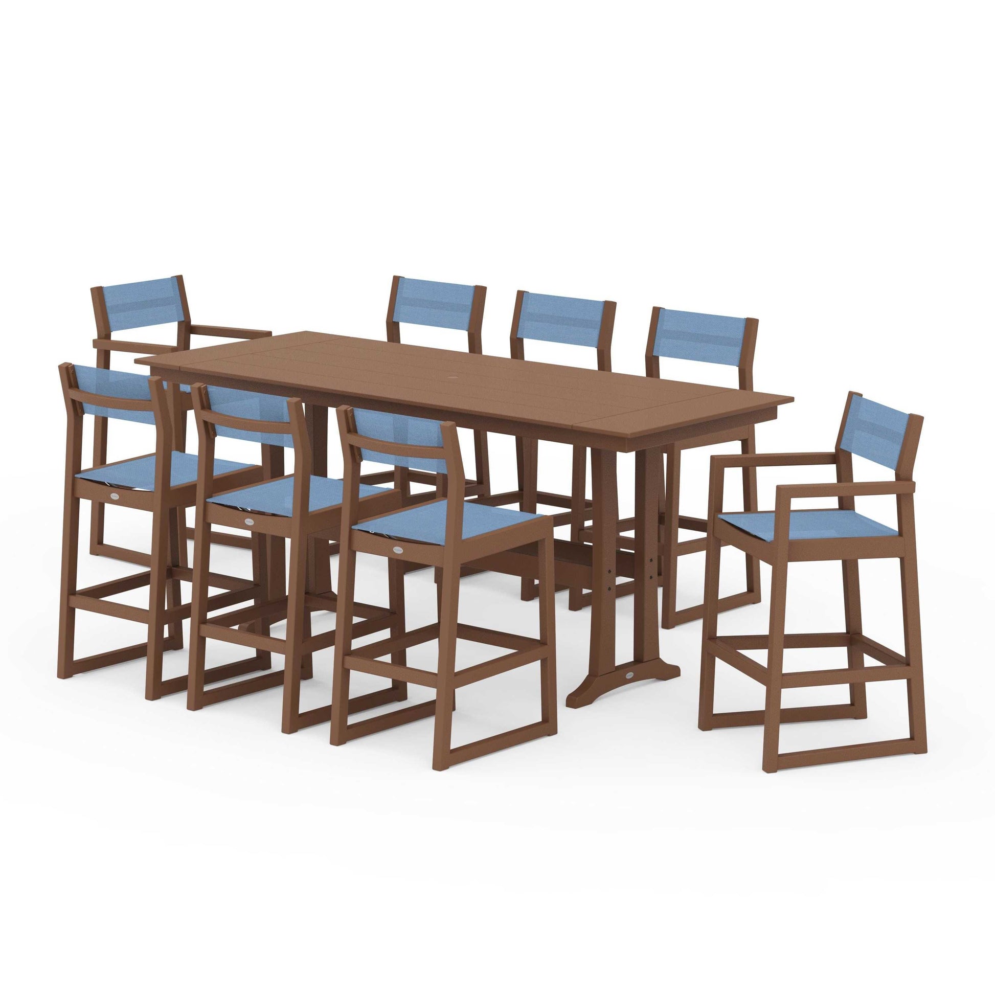POLYWOOD EDGE Sling 9-Piece Farmhouse Bar Set with Trestle Legs — Teak / Poolside Sling