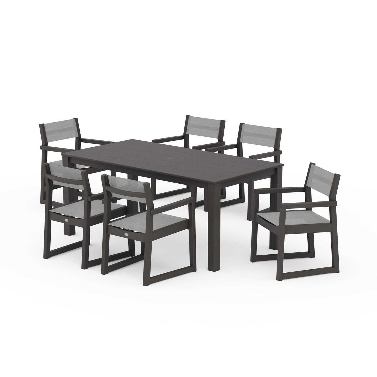 POLYWOOD EDGE Sling Arm Chair 7-Piece Parsons Dining Set — Vintage Coffee / Metallic Sling