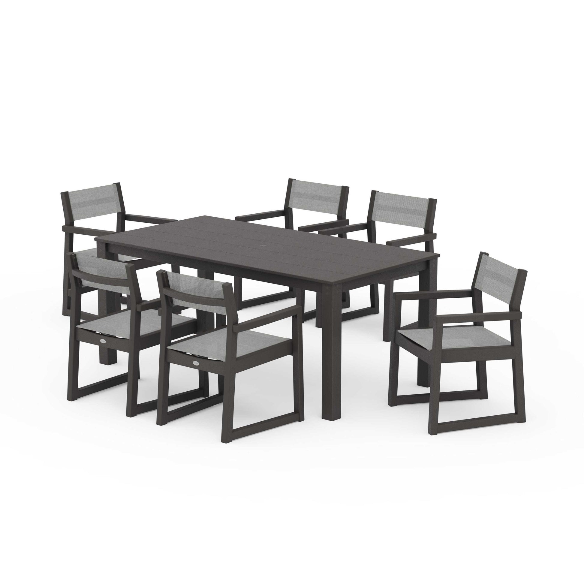 POLYWOOD EDGE Sling Arm Chair 7-Piece Parsons Dining Set — Vintage Coffee / Metallic Sling