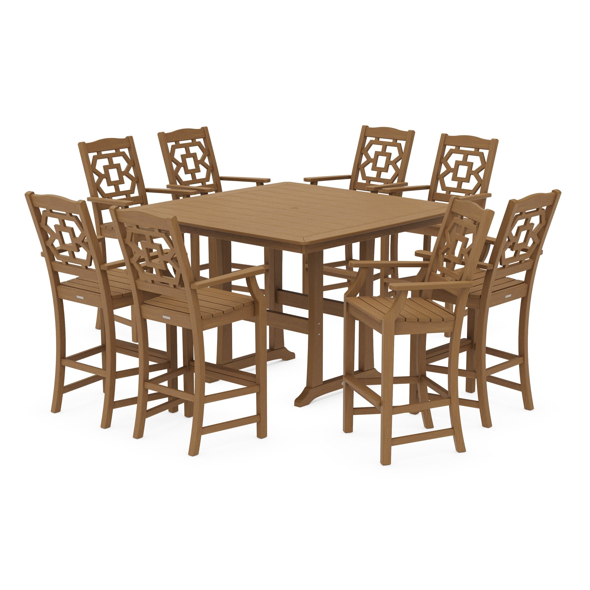POLYWOOD Chinoiserie 9-Piece Square Side Chair Bar Set with Trestle Legs — Natural