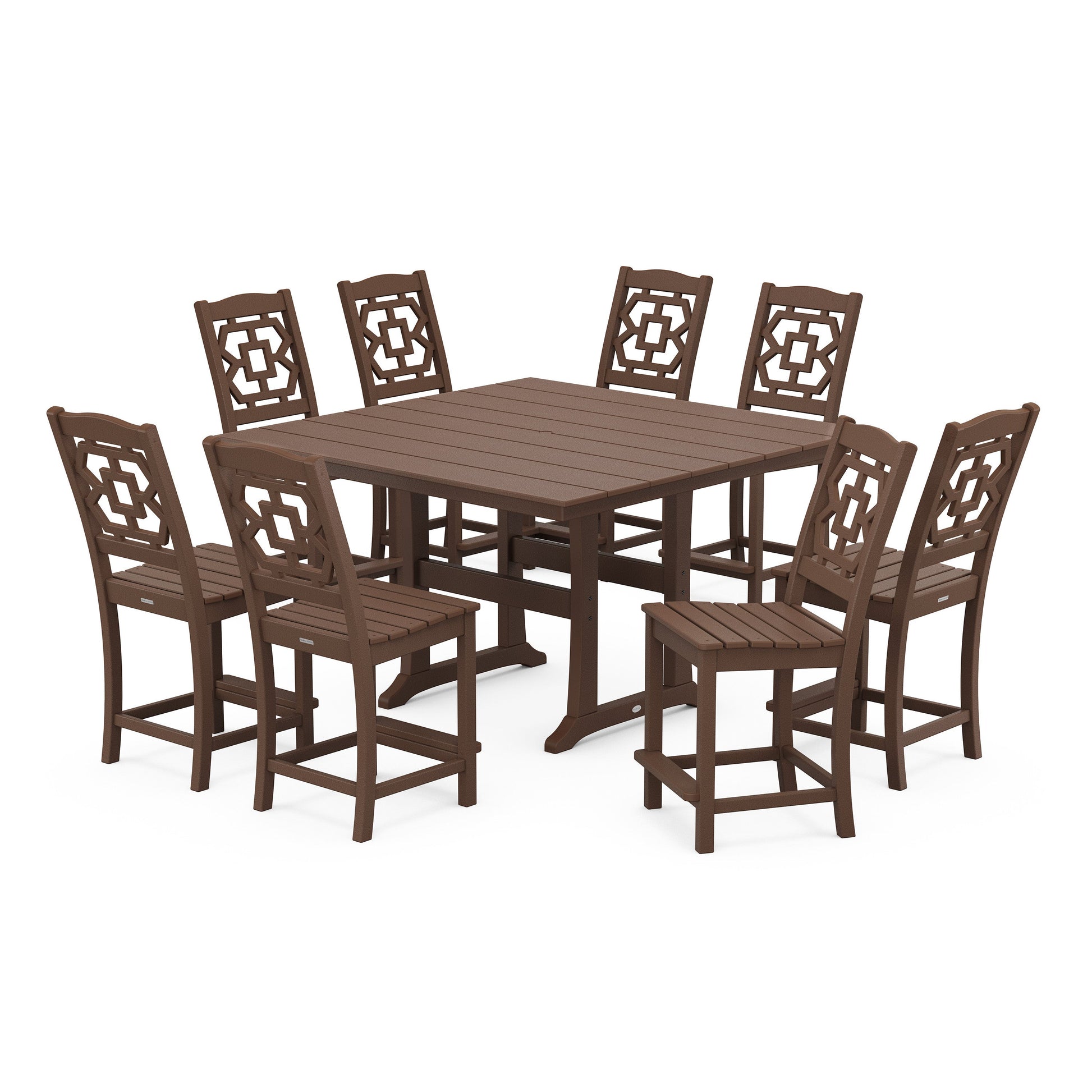 POLYWOOD Chinoiserie 9-Piece Square Farmhouse Side Chair Counter Set with Trestle Legs — Mahogany