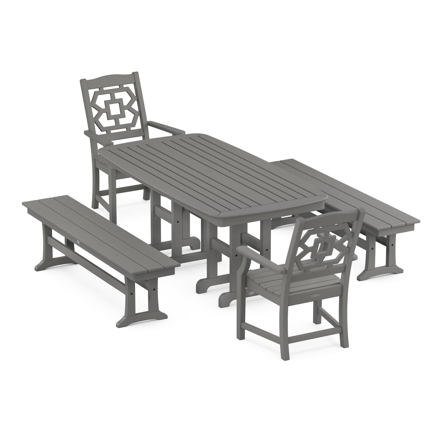 POLYWOOD Chinoiserie 5-Piece Dining Set with Benches — Slate Grey