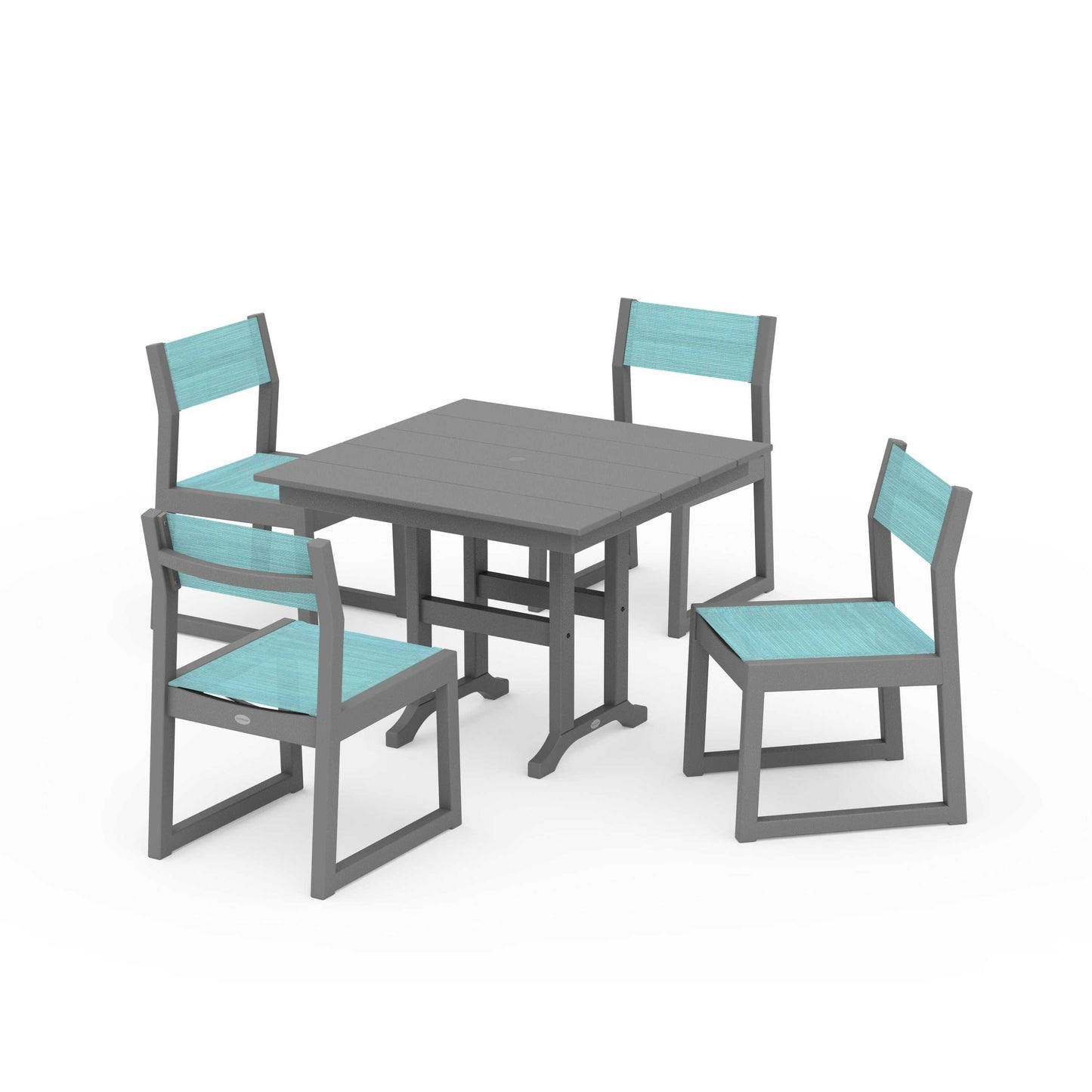 POLYWOOD EDGE Sling Side Chair 5-Piece Farmhouse Dining Set — Slate Grey / Dupioni Aquamarine Sling