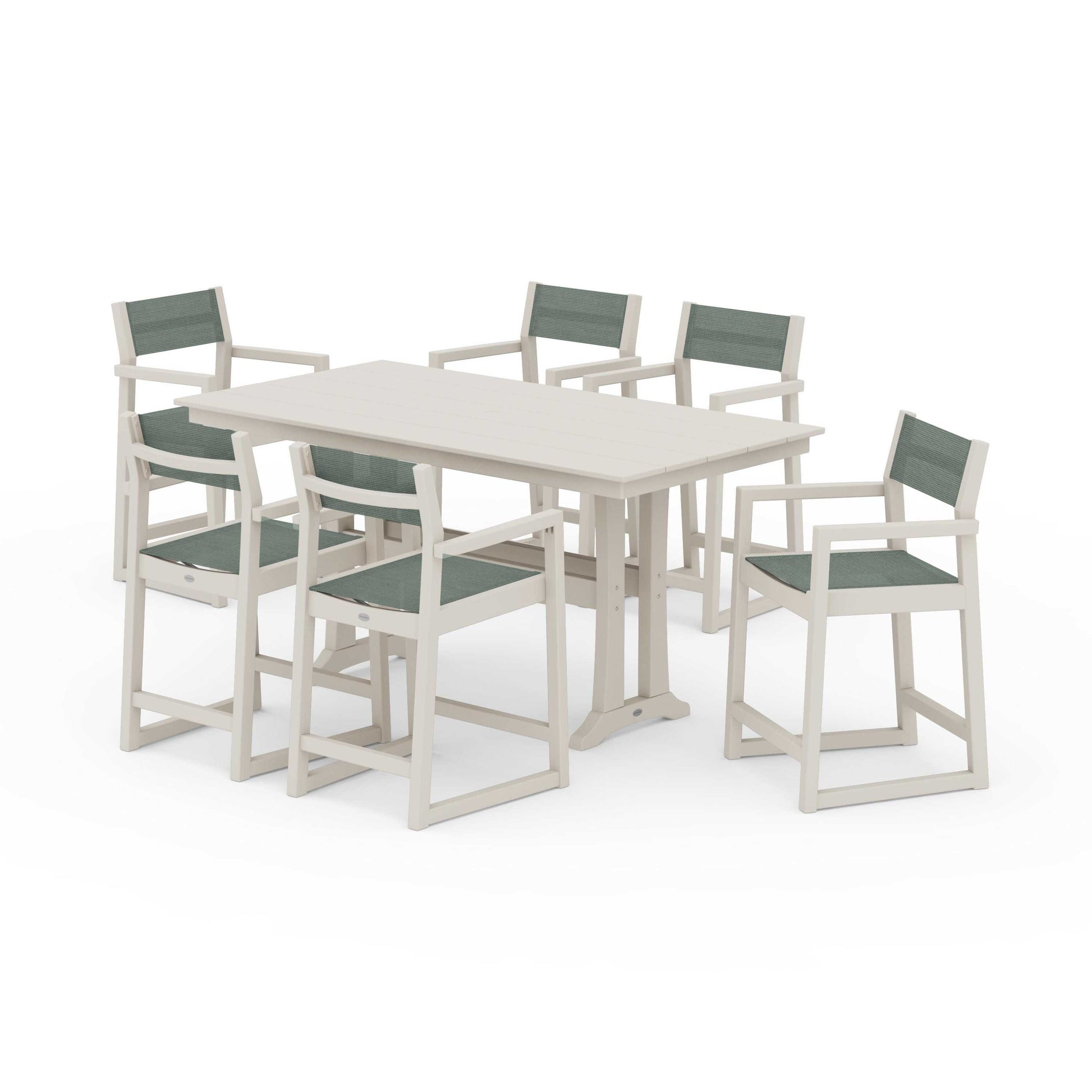 POLYWOOD EDGE Sling Arm Chair 7-Piece Farmhouse Counter Set with Trestle Legs — Sand / Dupioni Sea Mist Sling