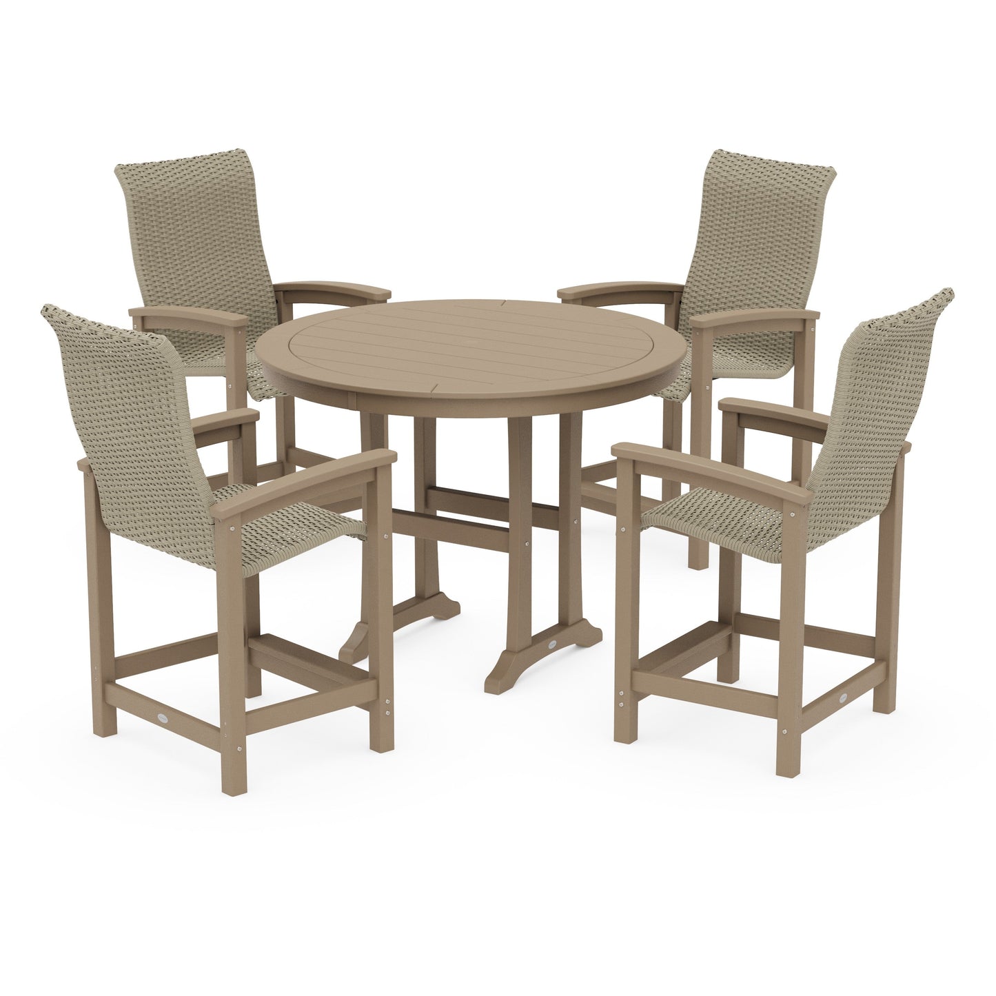 POLYWOOD Coastal Woven High-Back 5-Piece Round Counter Set — Vintage Sahara / Dune Grass
