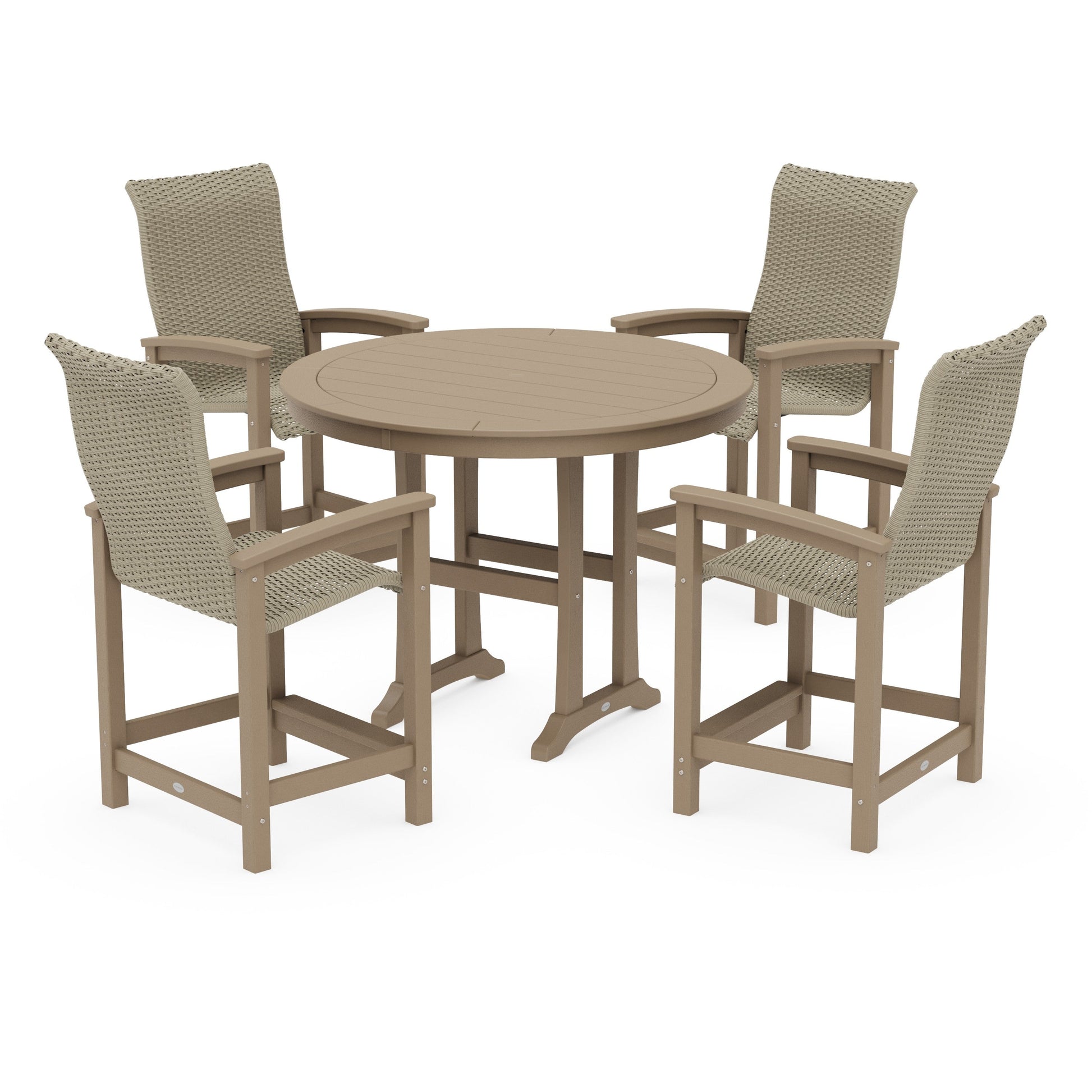 POLYWOOD Coastal Woven High-Back 5-Piece Round Counter Set — Vintage Sahara / Dune Grass