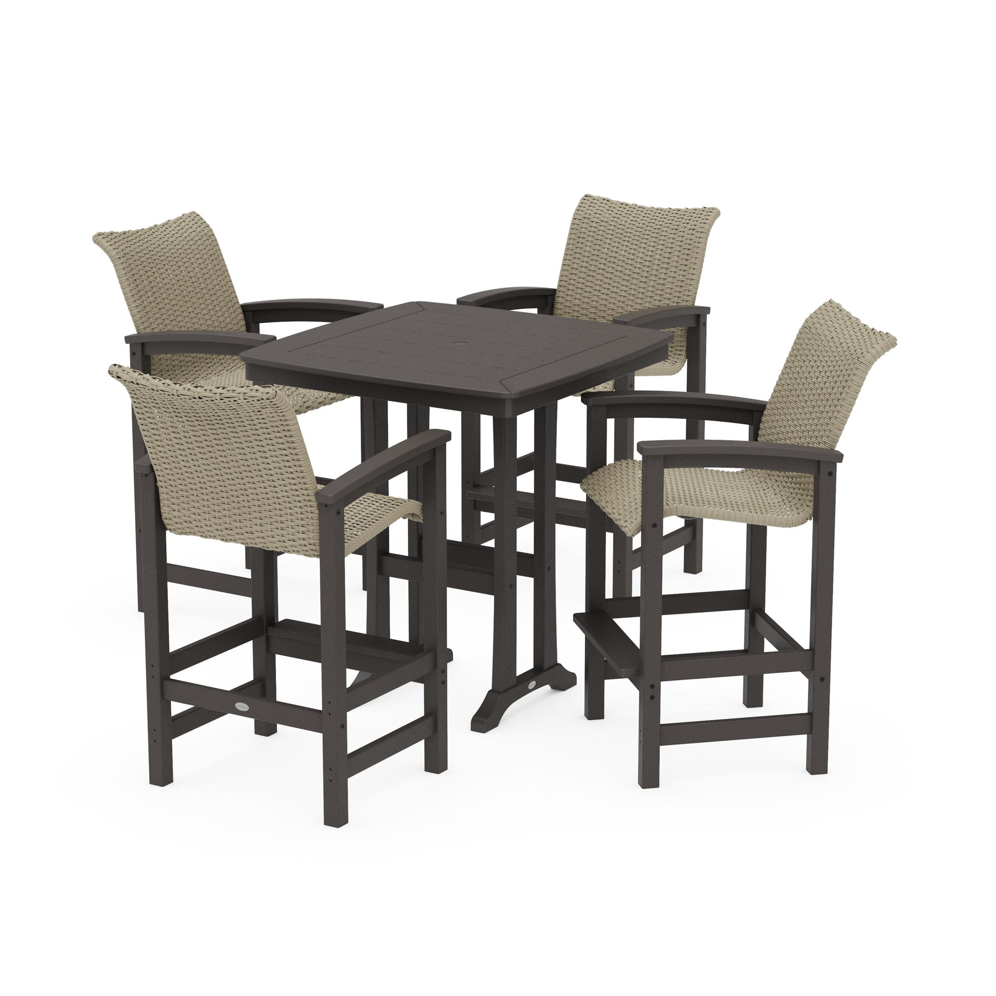 POLYWOOD Coastal Woven 5-Piece Bar Set with Trestle Legs — Vintage Coffee / Dune Grass