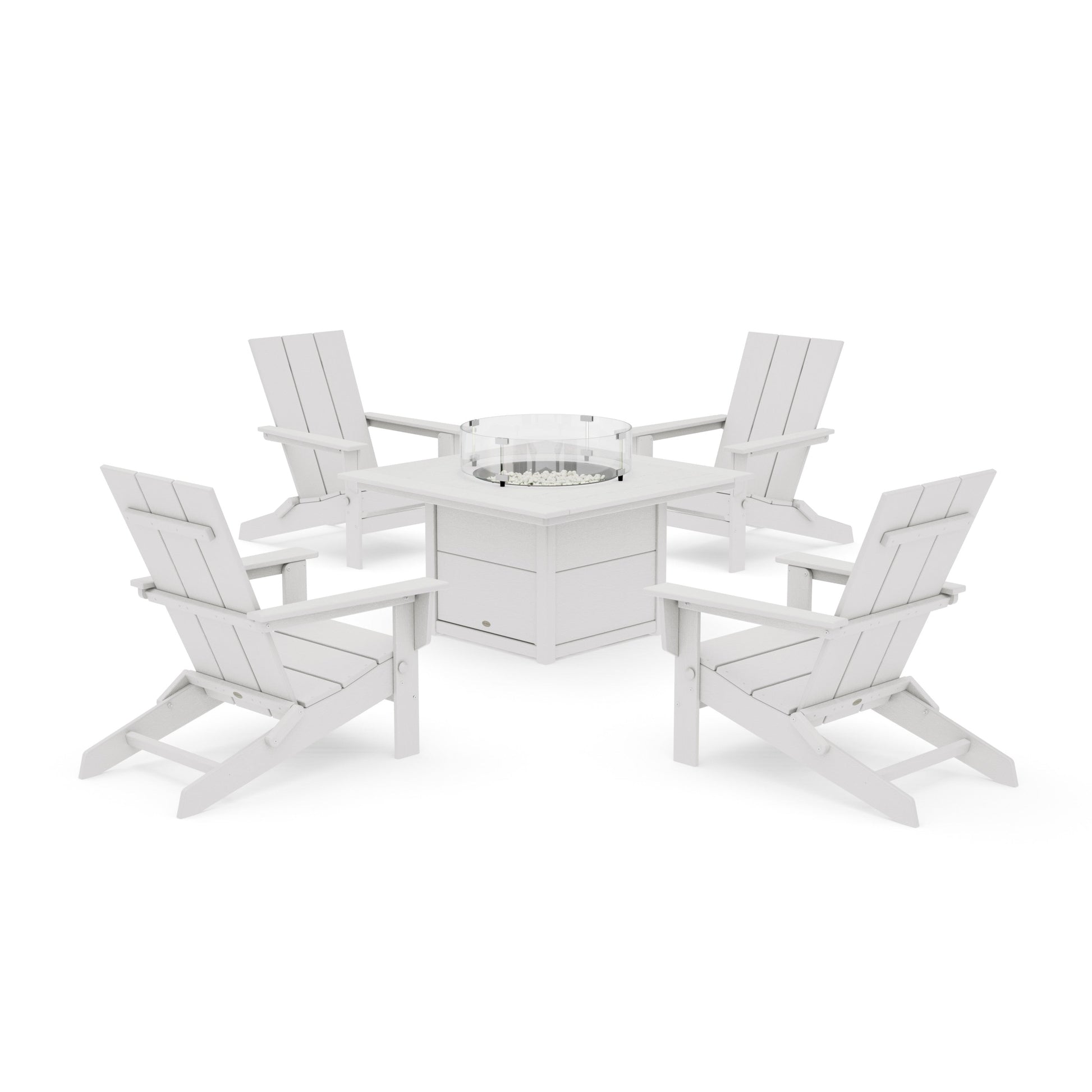 POLYWOOD 5-Piece Modern Studio Folding Adirondack Conversation Set with Fire Pit Table — Vintage White
