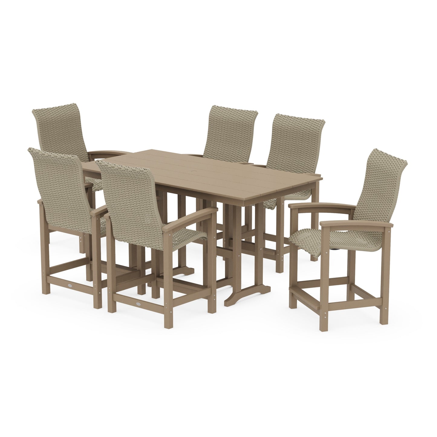 POLYWOOD Coastal Woven High-Back Arm Chair 7-Piece Farmhouse Counter Set — Vintage Sahara / Dune Grass