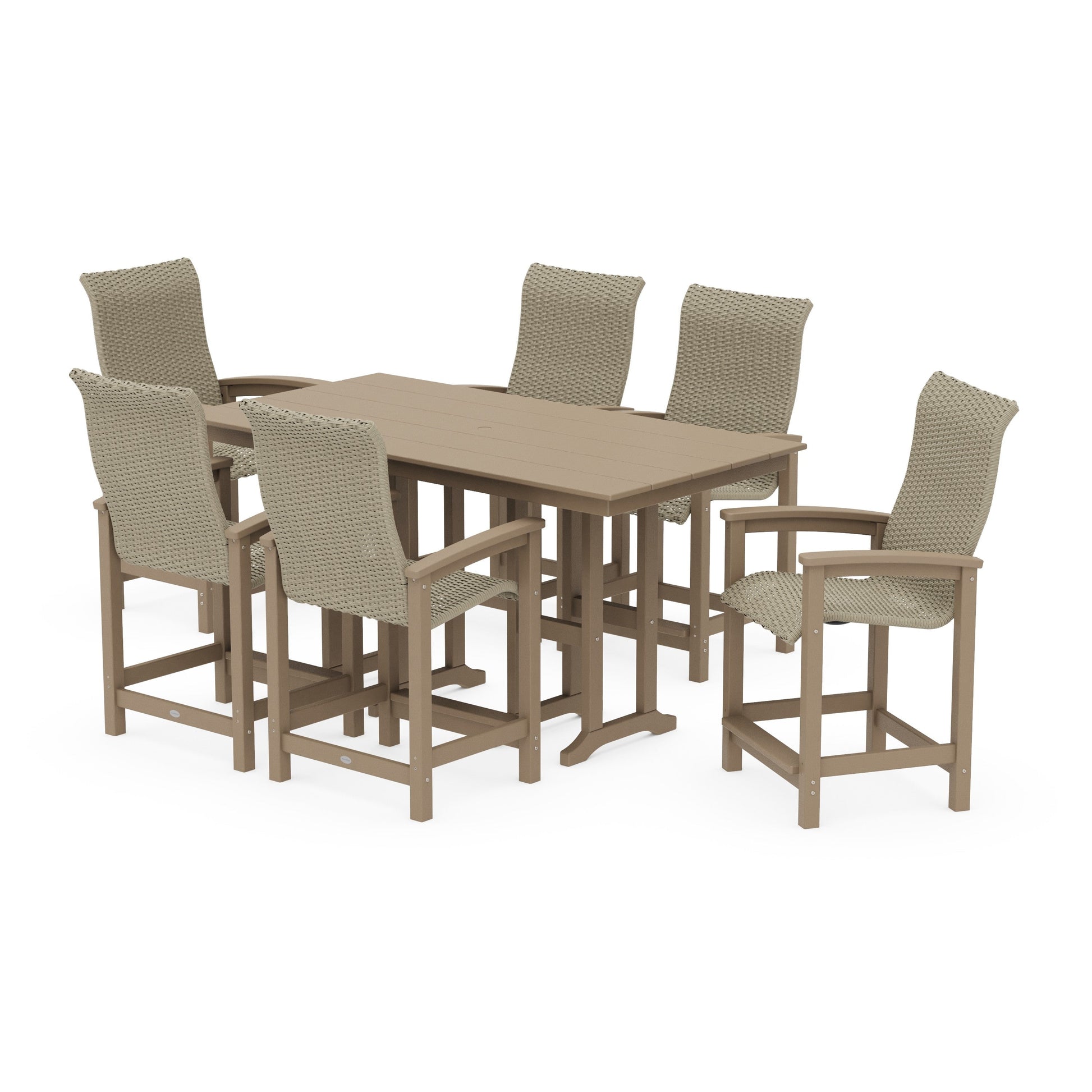 POLYWOOD Coastal Woven High-Back Arm Chair 7-Piece Farmhouse Counter Set — Vintage Sahara / Dune Grass