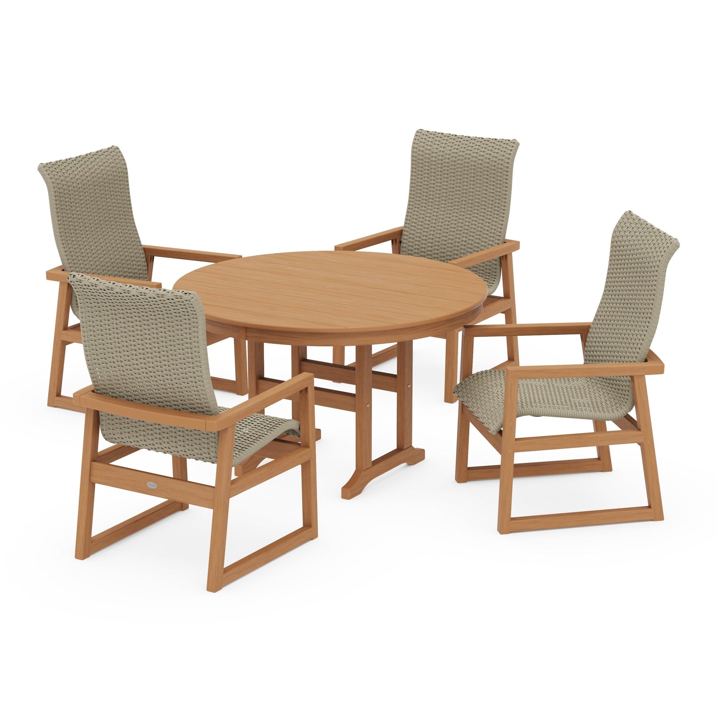 POLYWOOD EDGE Woven Highback 5-Piece Round Farmhouse Dining Set — Natural / Dune Grass