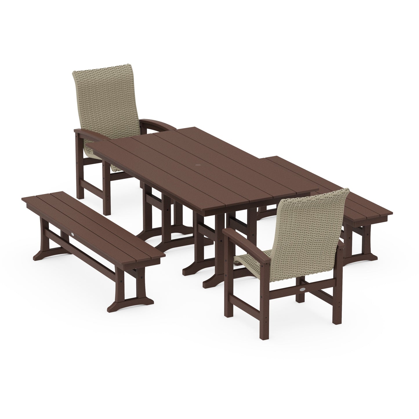 POLYWOOD Coastal Woven High-Back 5-Piece Farmhouse Dining Set with Benches — Mahogany / Dune Grass