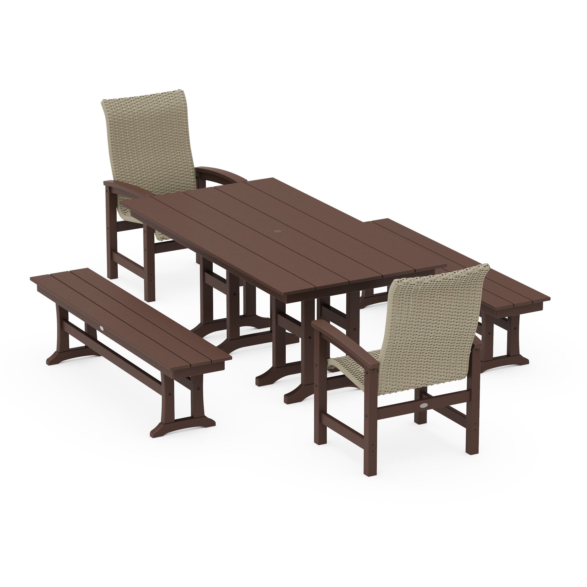 POLYWOOD Coastal Woven High-Back 5-Piece Farmhouse Dining Set with Benches — Mahogany / Dune Grass