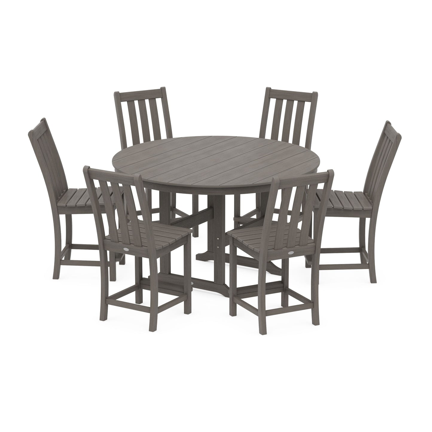 POLYWOOD Vineyard 7-Piece Farmhouse Side Chair Round Farmhouse Counter Set — Driftwood