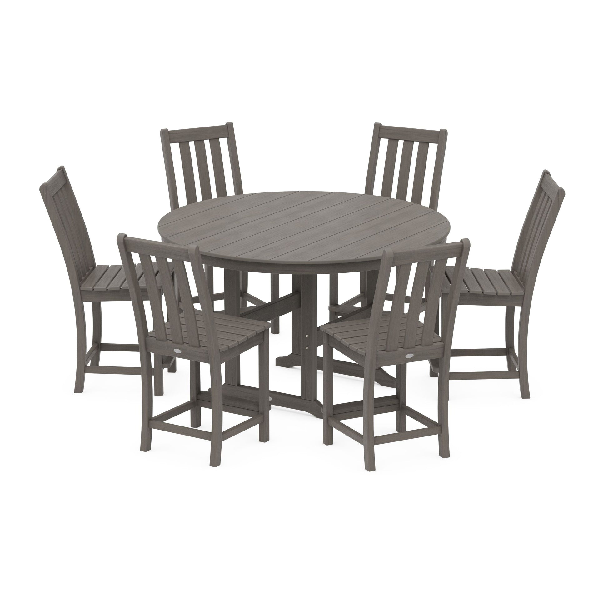 POLYWOOD Vineyard 7-Piece Farmhouse Side Chair Round Farmhouse Counter Set — Driftwood
