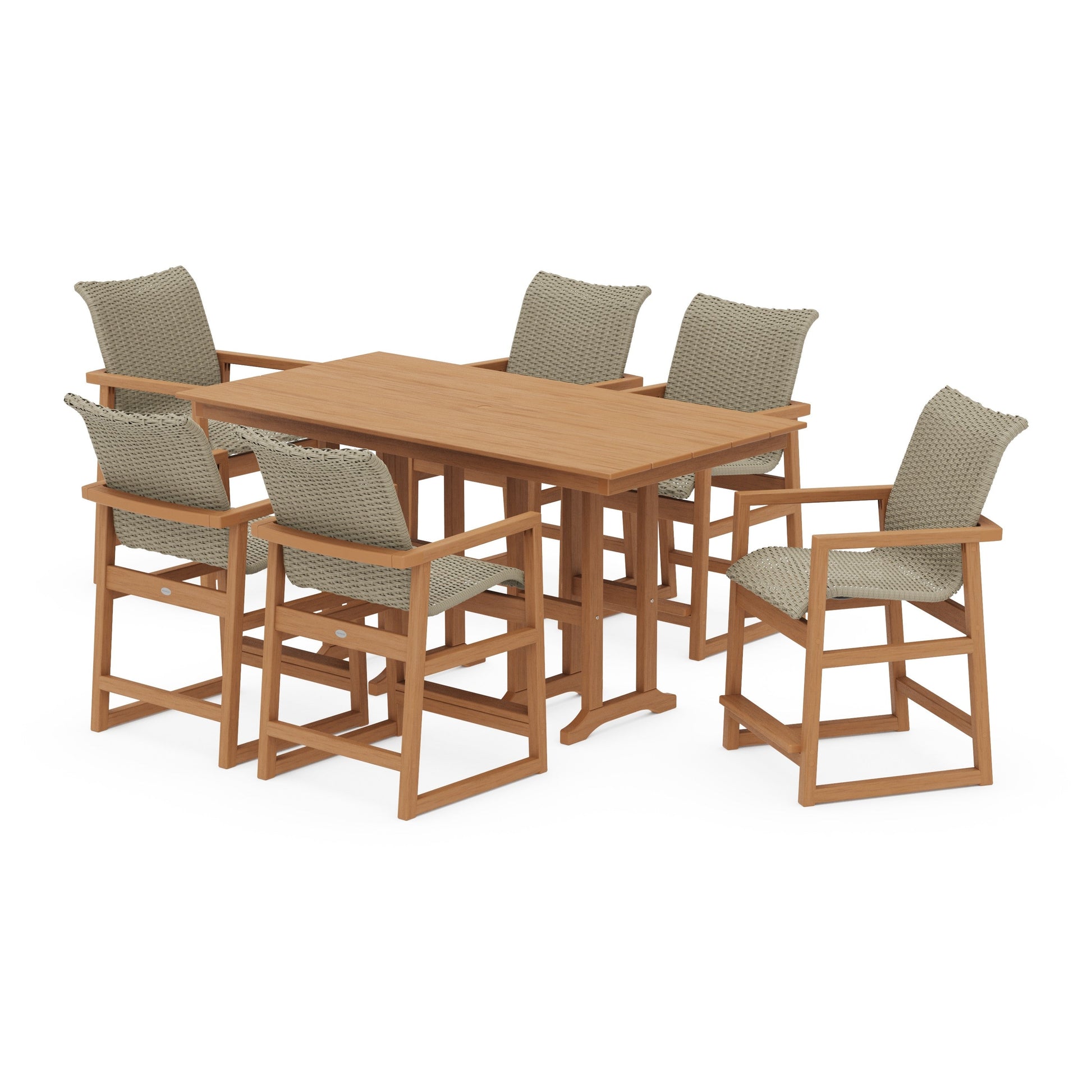 POLYWOOD EDGE Woven Arm Chair 7-Piece Farmhouse Counter Set — Natural / Dune Grass
