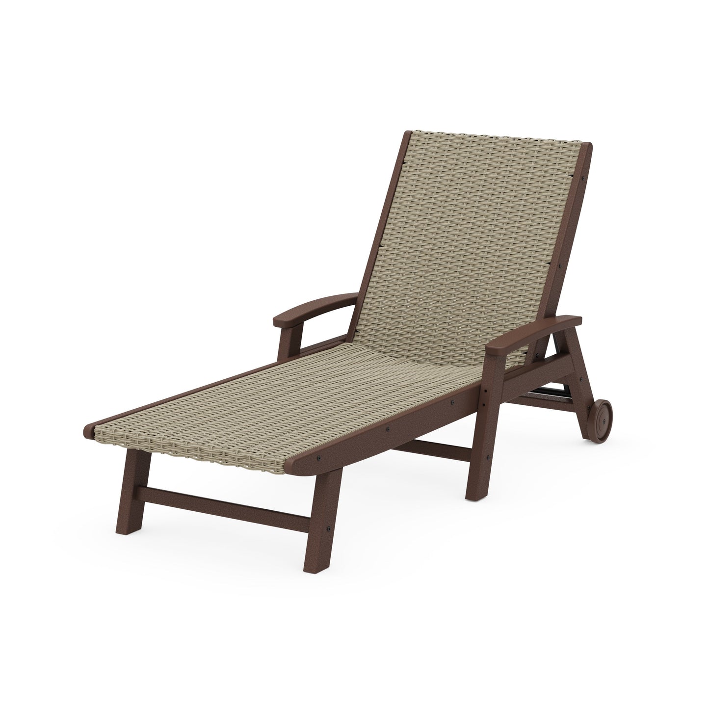 POLYWOOD Coastal Woven Chaise with Arms and Wheels — Mahogany / Dune Grass