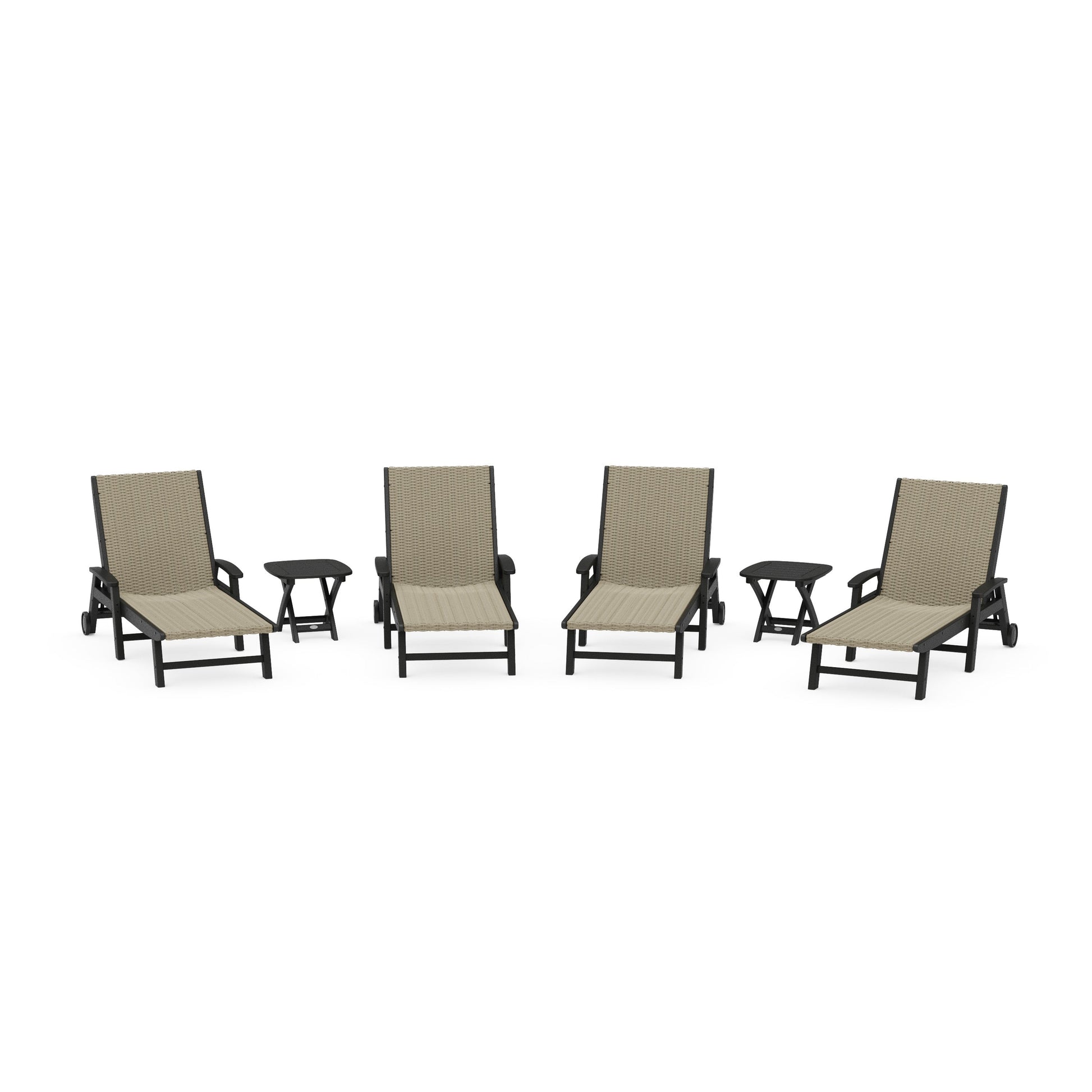 POLYWOOD 6- Piece Coastal Woven Chaise with Arms and Wheels Chaise Lounge Set — Black / Dune Grass