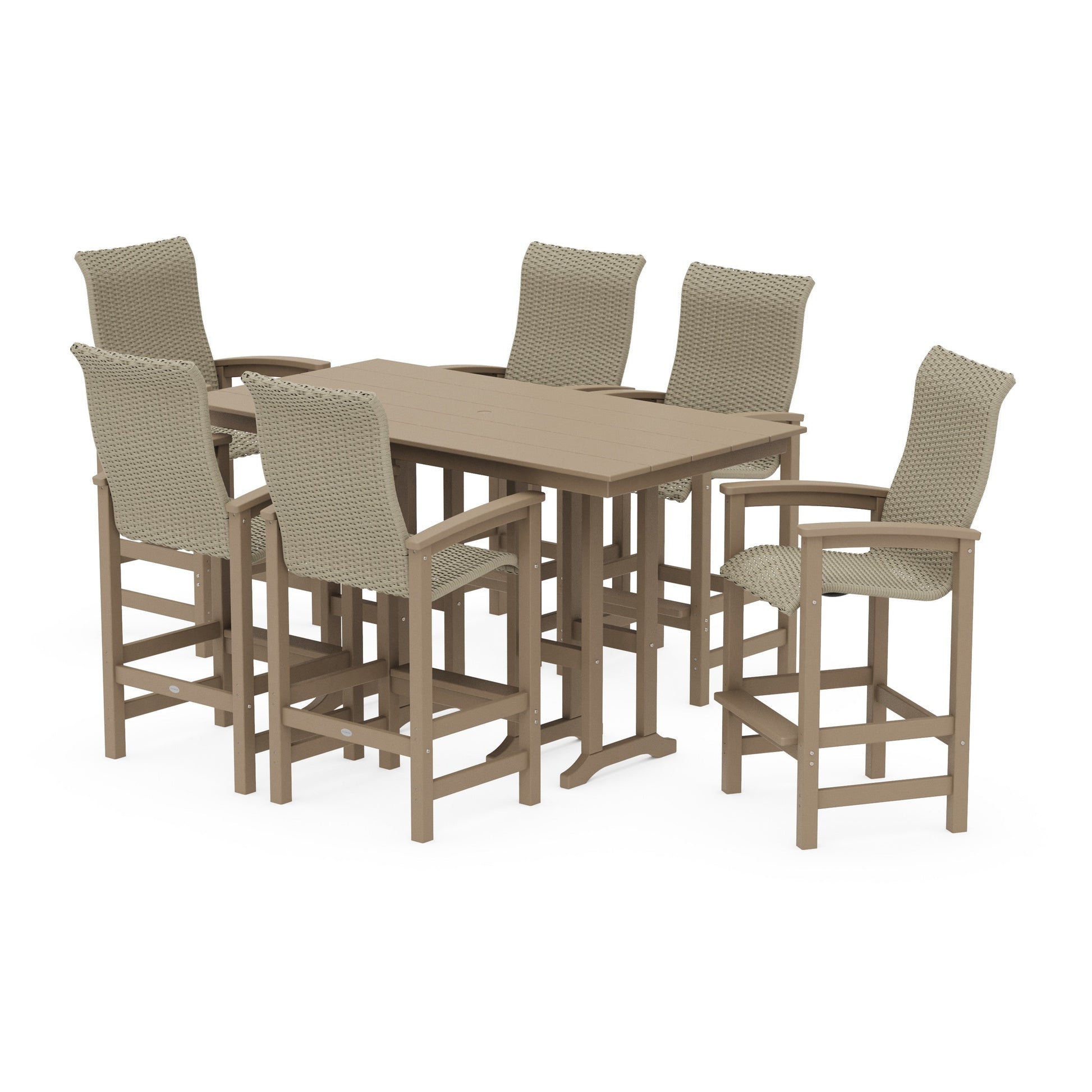 POLYWOOD Coastal Woven High-Back Arm Chair 7-Piece Farmhouse Bar Set — Vintage Sahara / Dune Grass