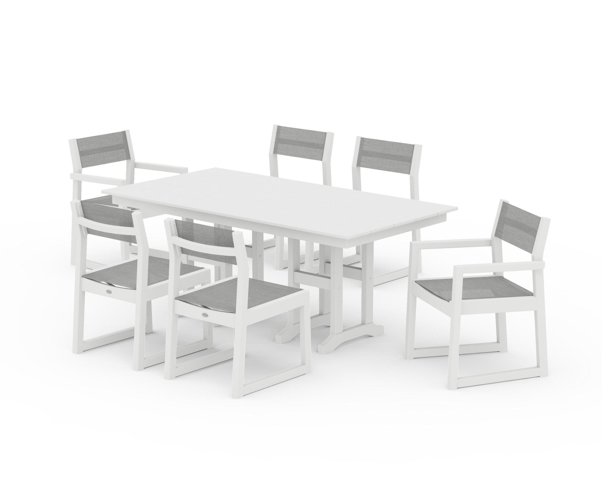 POLYWOOD EDGE Sling 7-Piece Farmhouse Dining Set — White / Metallic Sling