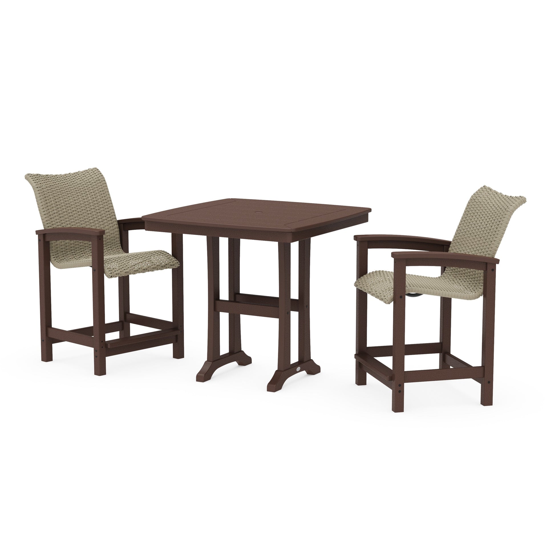 POLYWOOD Coastal Woven 3-Piece Counter Set with Trestle Legs — Mahogany / Dune Grass