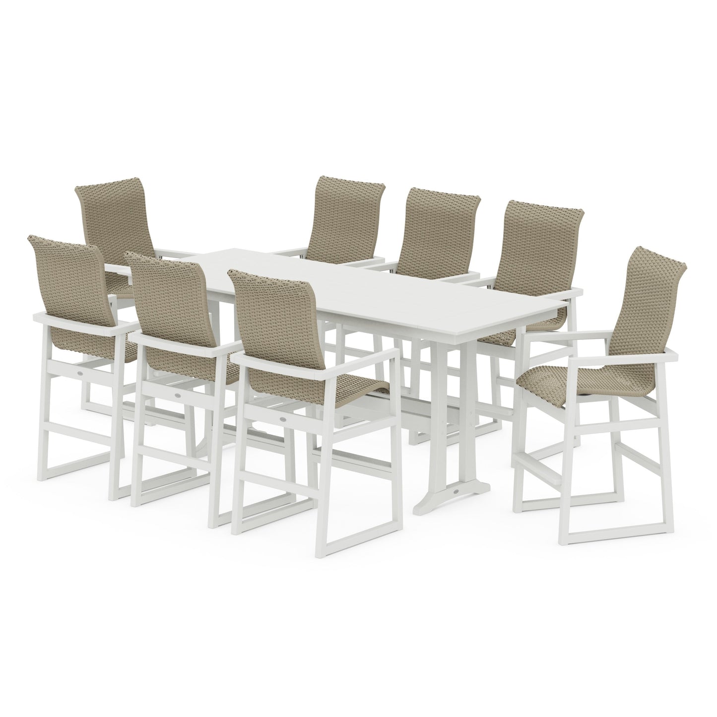 POLYWOOD EDGE Woven Highback 9-Piece Farmhouse Bar Set with Trestle Legs — White / Dune Grass