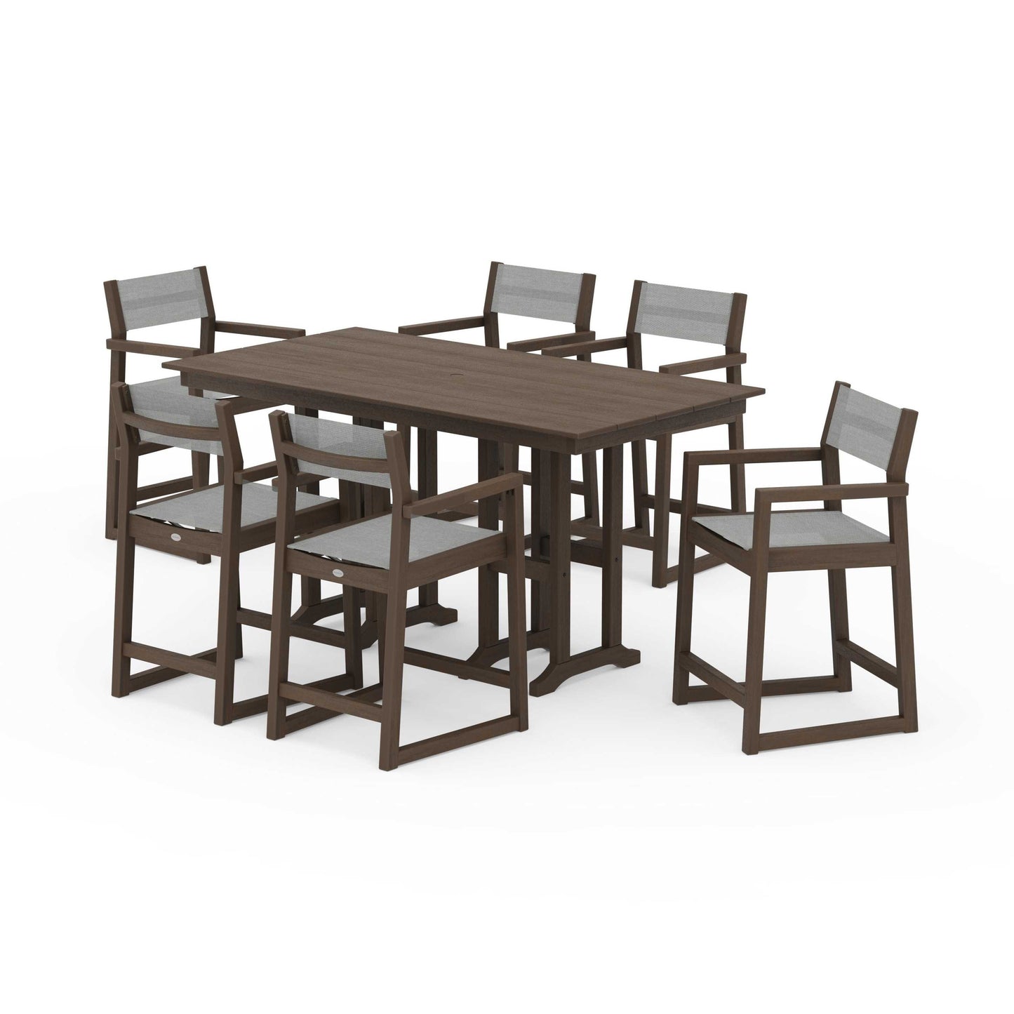 POLYWOOD EDGE Sling Arm Chair 7-Piece Farmhouse Counter Set — Kona / Metallic Sling