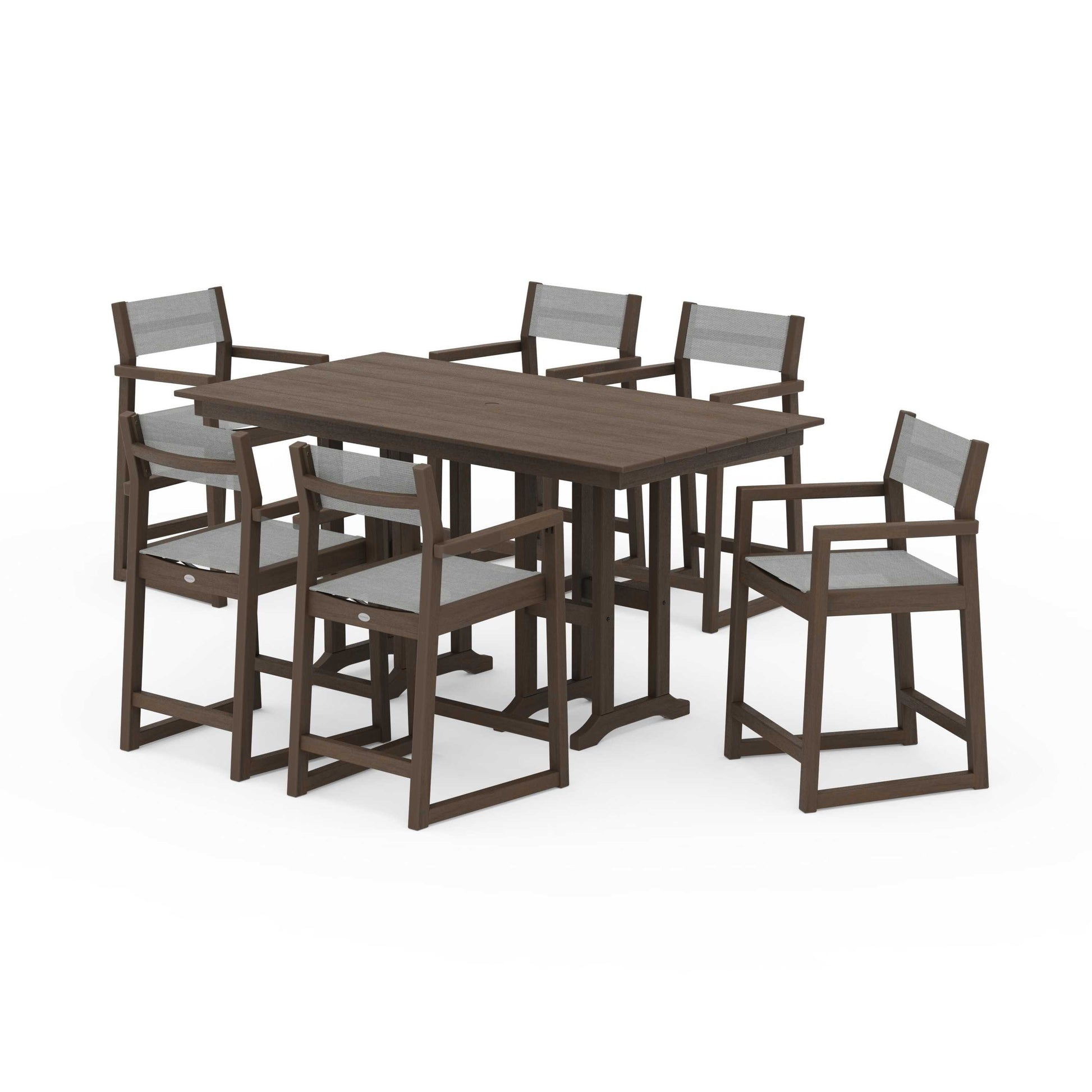 POLYWOOD EDGE Sling Arm Chair 7-Piece Farmhouse Counter Set — Kona / Metallic Sling