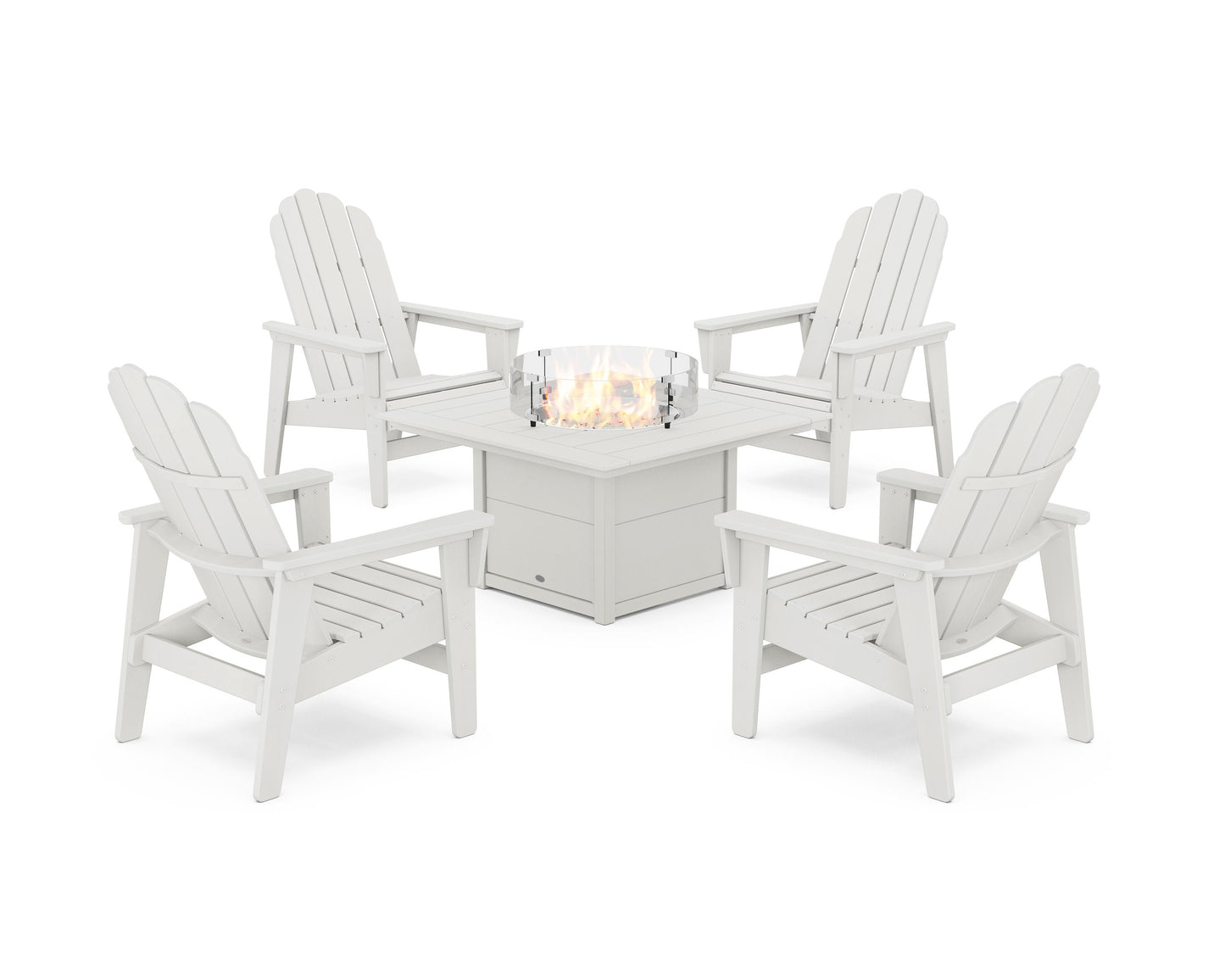 POLYWOOD 5-Piece Vineyard Grand Upright Adirondack Conversation Set with Fire Pit Table — Vintage White