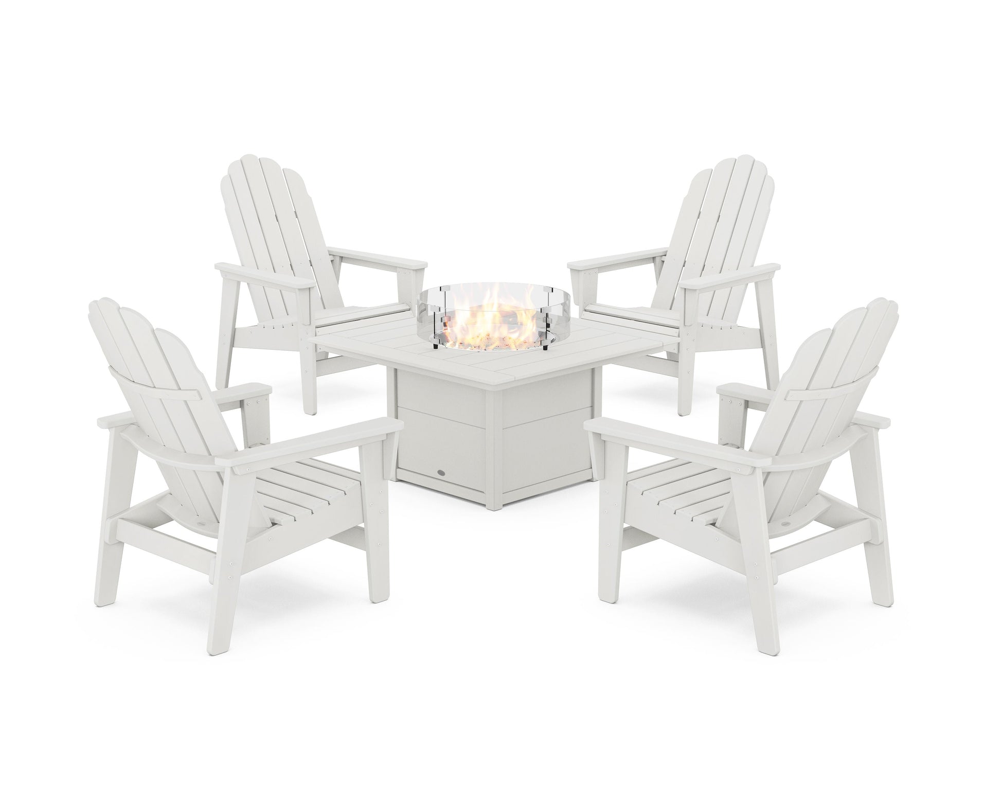 POLYWOOD 5-Piece Vineyard Grand Upright Adirondack Conversation Set with Fire Pit Table — Vintage White