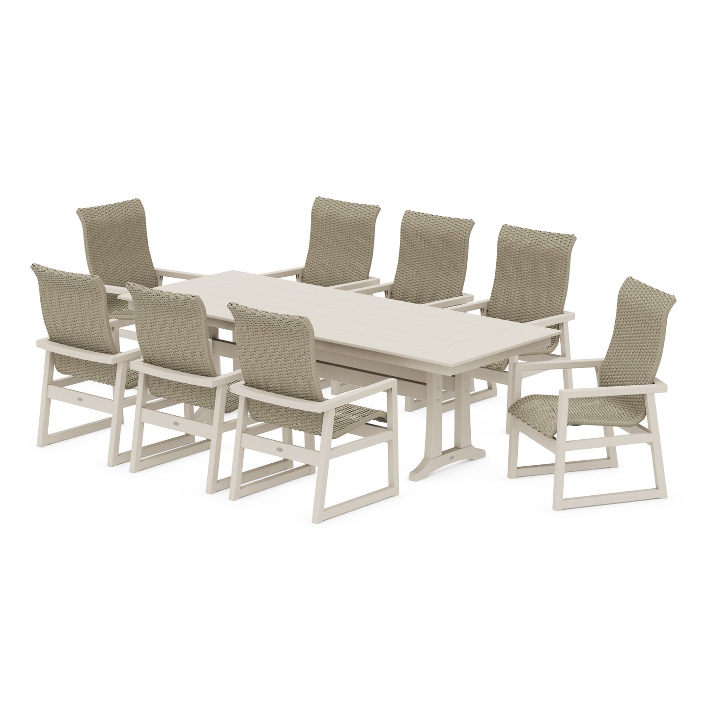 POLYWOOD EDGE Woven Highback 9-Piece Farmhouse Dining Set with Trestle Legs — Sand / Dune Grass