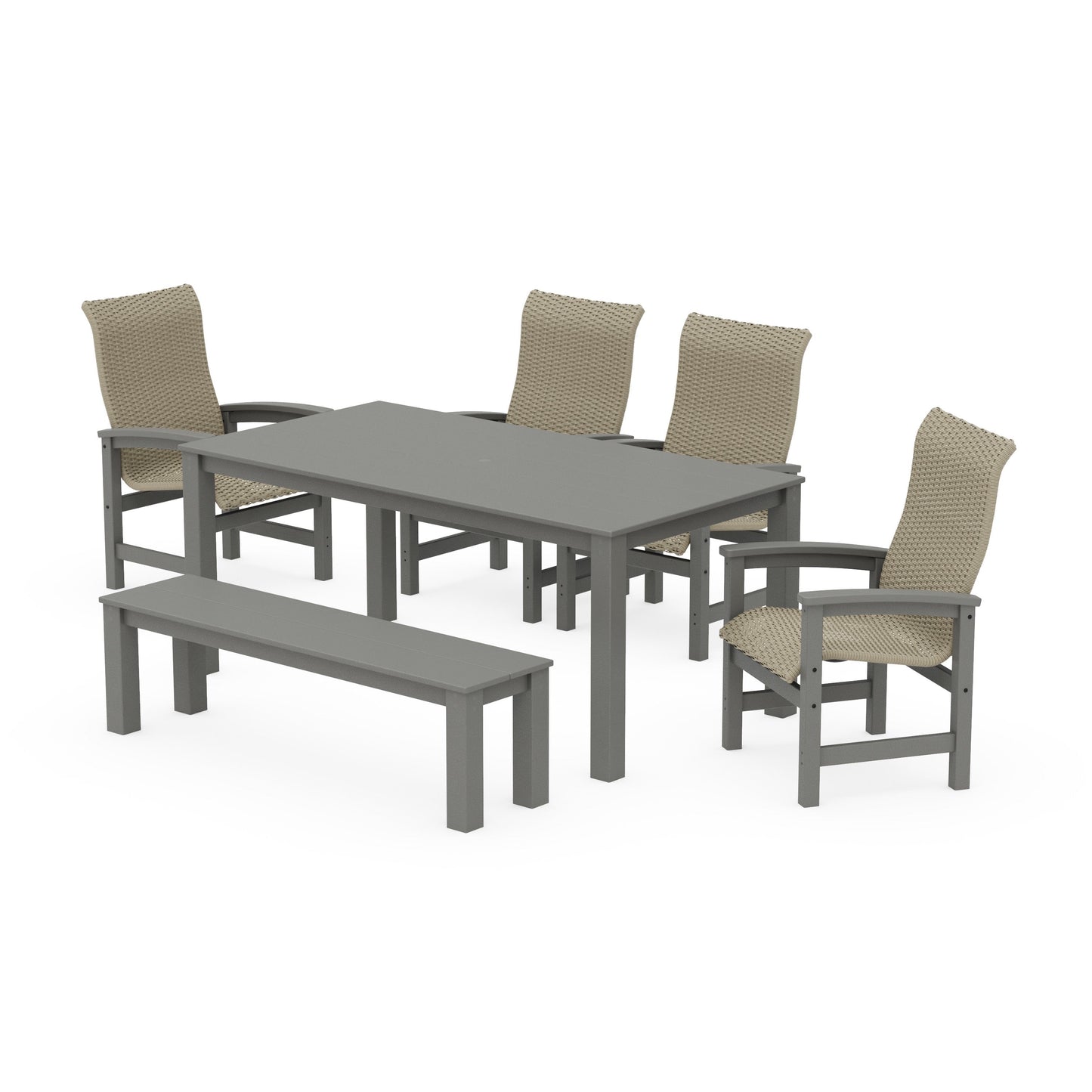 POLYWOOD Coastal Woven High-Back 6-Piece Parsons Dining Set with Bench — Slate Grey / Dune Grass