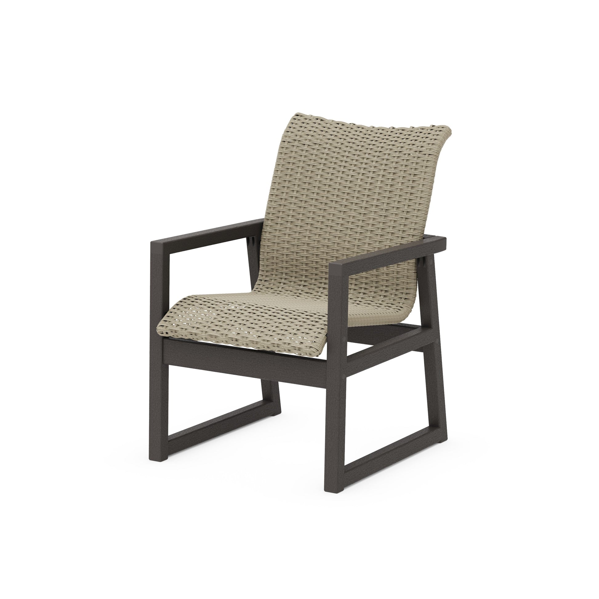 POLYWOOD EDGE Woven Dining Arm Chair — Vintage Coffee / Dune Grass