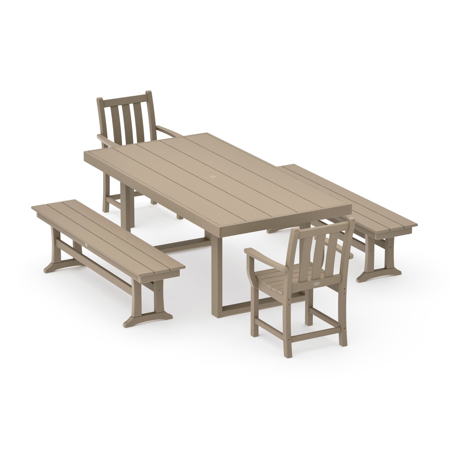 POLYWOOD Traditional Garden 5-Piece Dining Set with Benches — Vintage Sahara