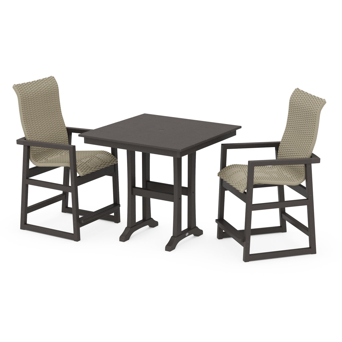 POLYWOOD EDGE Woven Highback 3-Piece Farmhouse Counter Set with Trestle Legs — Vintage Coffee / Dune Grass