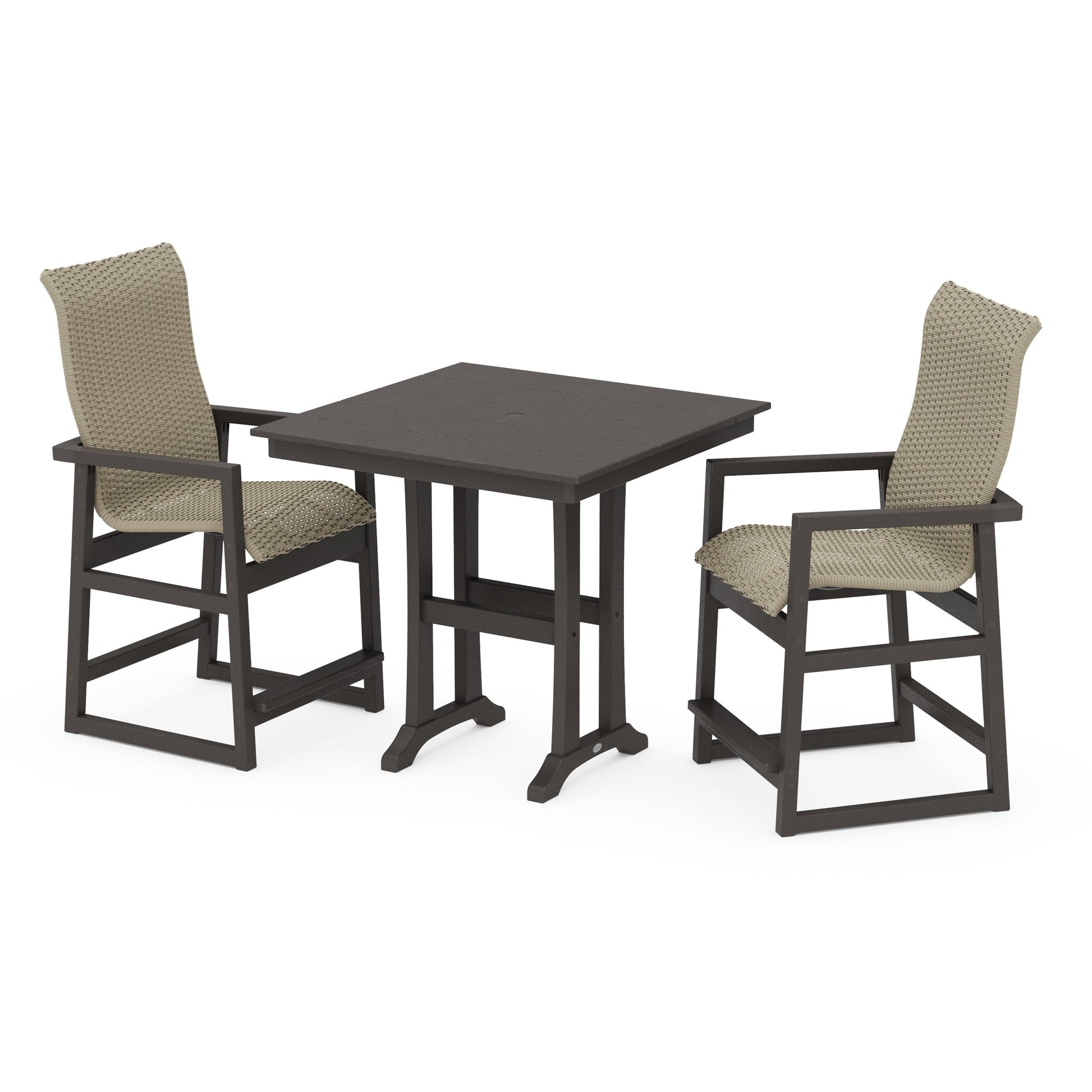 POLYWOOD EDGE Woven Highback 3-Piece Farmhouse Counter Set with Trestle Legs — Vintage Coffee / Dune Grass