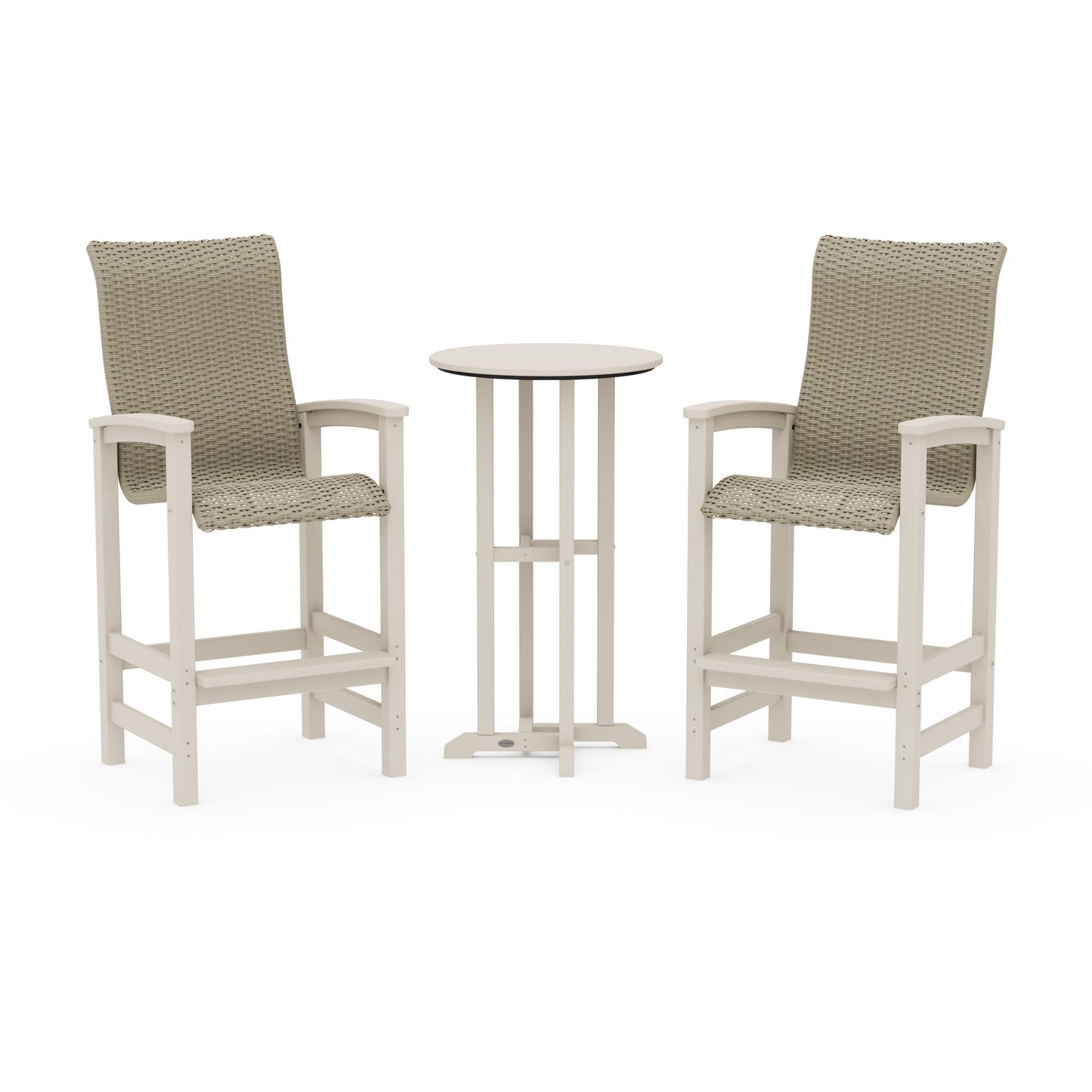 POLYWOOD Coastal Woven High-Back 3-Piece Farmhouse Bar Set — Sand / Dune Grass