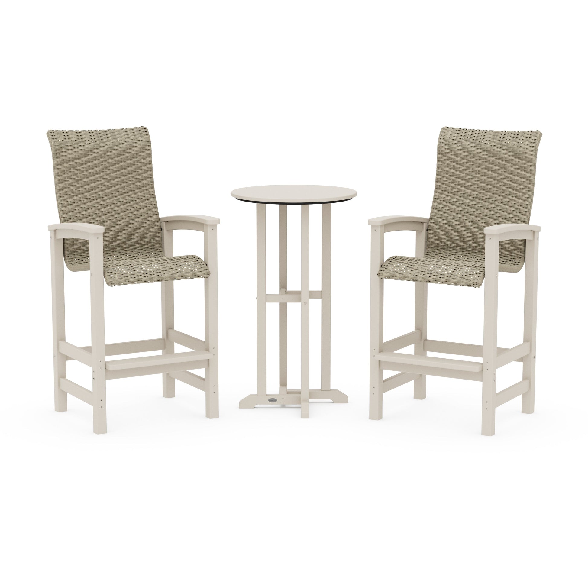 POLYWOOD Coastal Woven High-Back 3-Piece Farmhouse Bar Set — Sand / Dune Grass