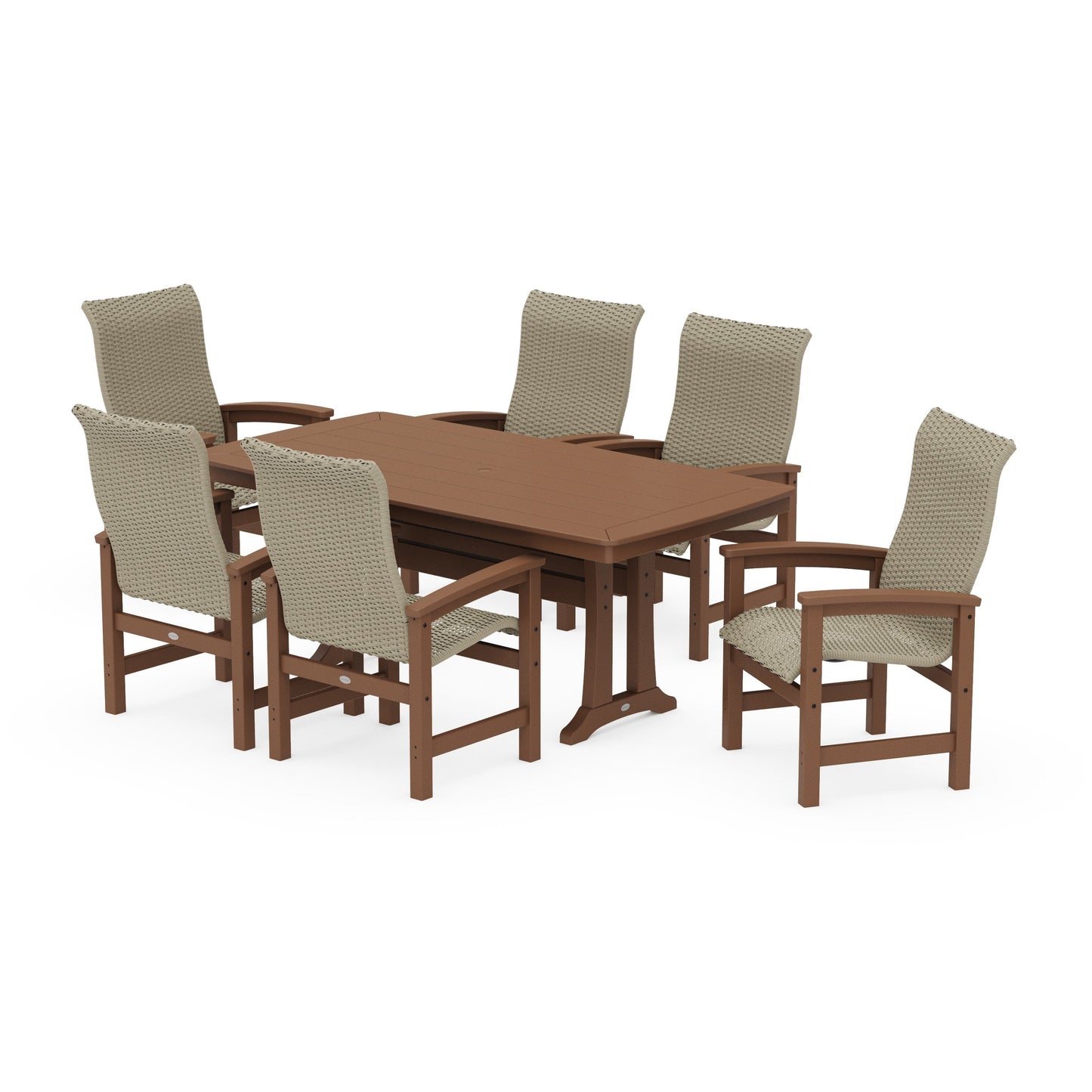 POLYWOOD Coastal Woven High-Back Arm Chair 7-Piece Dining Set with Trestle Legs — Teak / Dune Grass