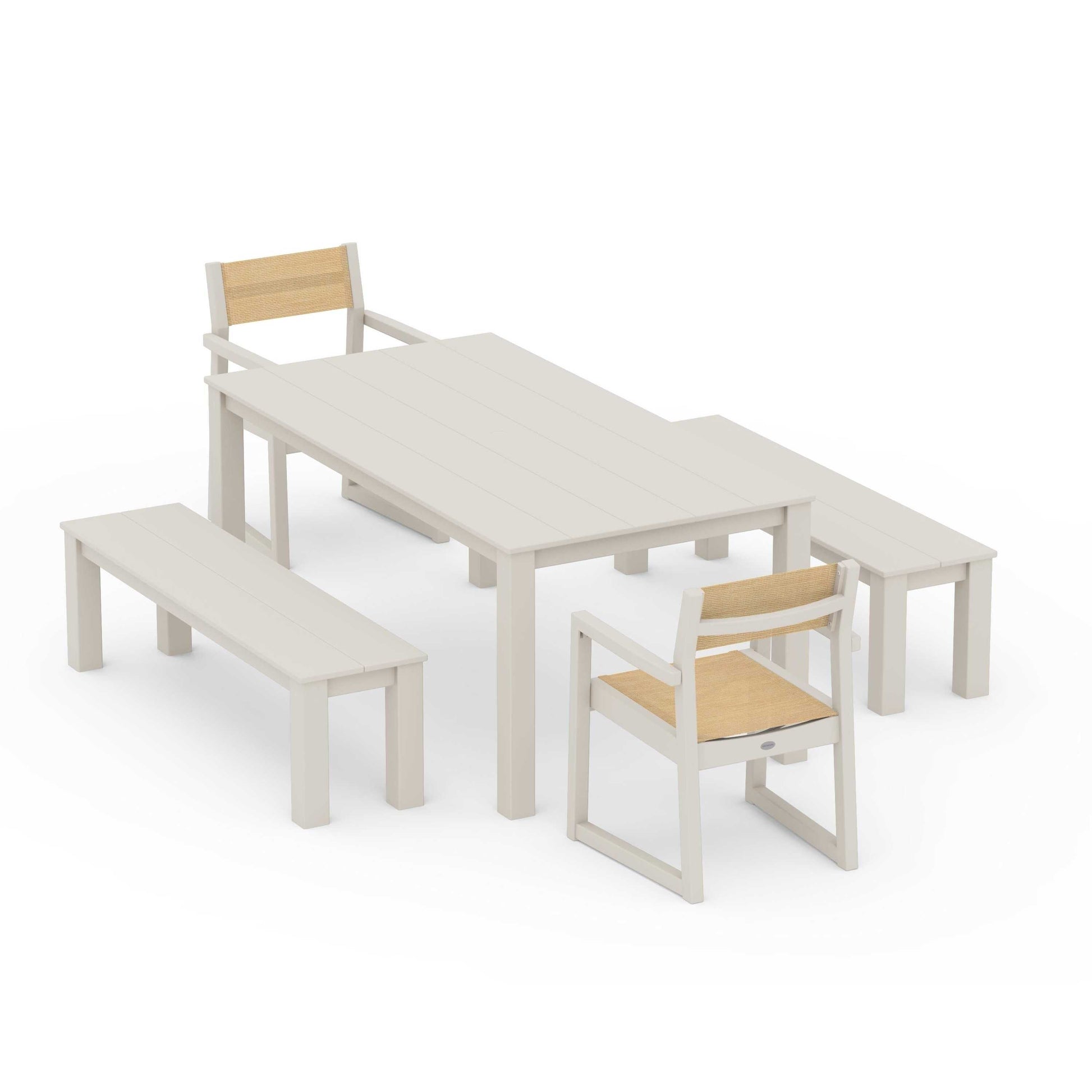 POLYWOOD EDGE Sling Arm Chair 5-Piece Parsons Dining Set with Benches — Sand / Dupioni Apricot Sling
