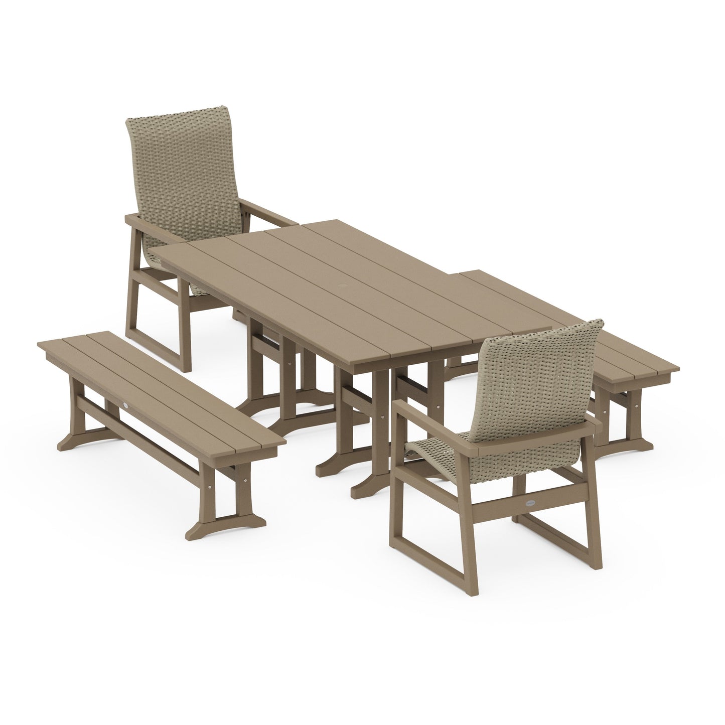 POLYWOOD EDGE Woven Highback 5-Piece Farmhouse Dining Set with Benches — Vintage Sahara / Dune Grass